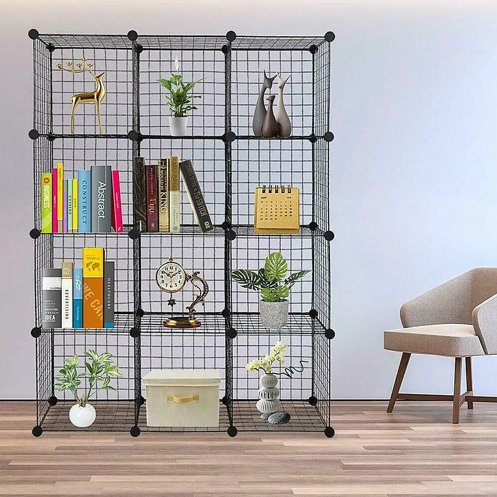 12 Cube Wire Grid Organiser Bookcase Storage Cabinet Wardrobe Closet Black