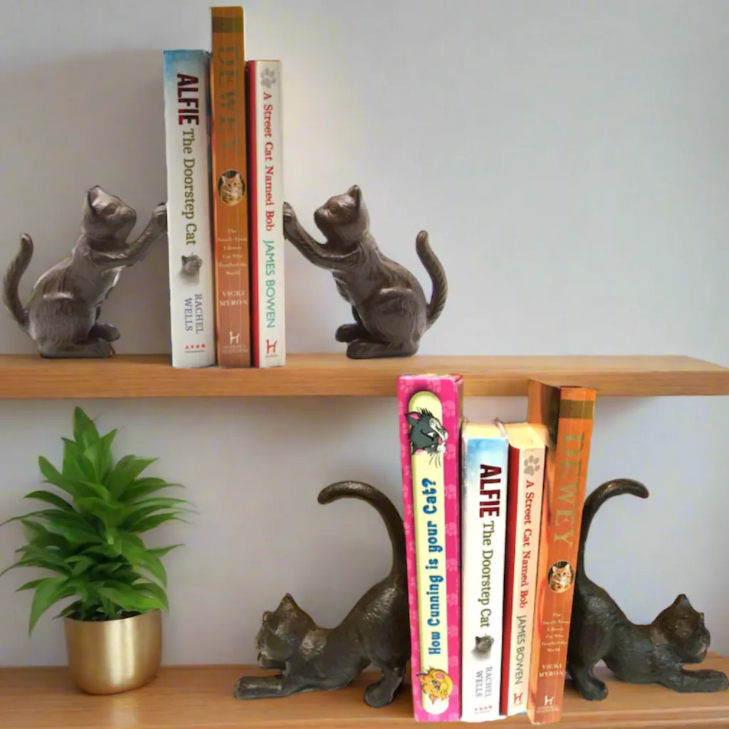 2 Sets Cast Iron Cat Book Ends / Door Stoppers - Gift Set