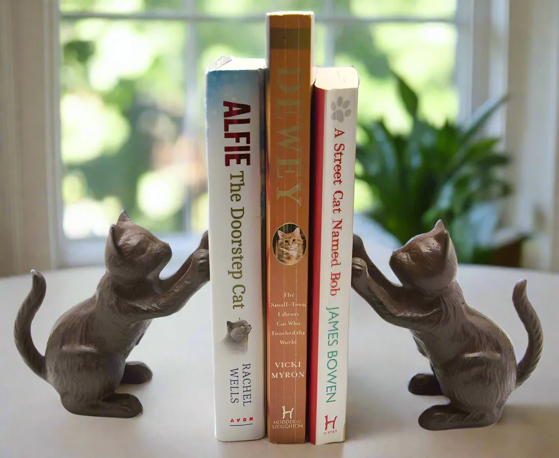 2 Sets Cast Iron Cat Book Ends / Door Stoppers - Gift Set