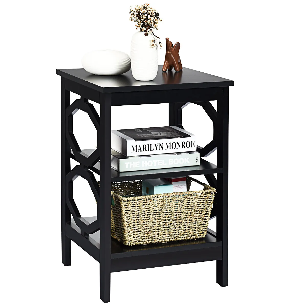 3-Tier Bedside Table with Storage Shelves for Living Room Bedroom-Black