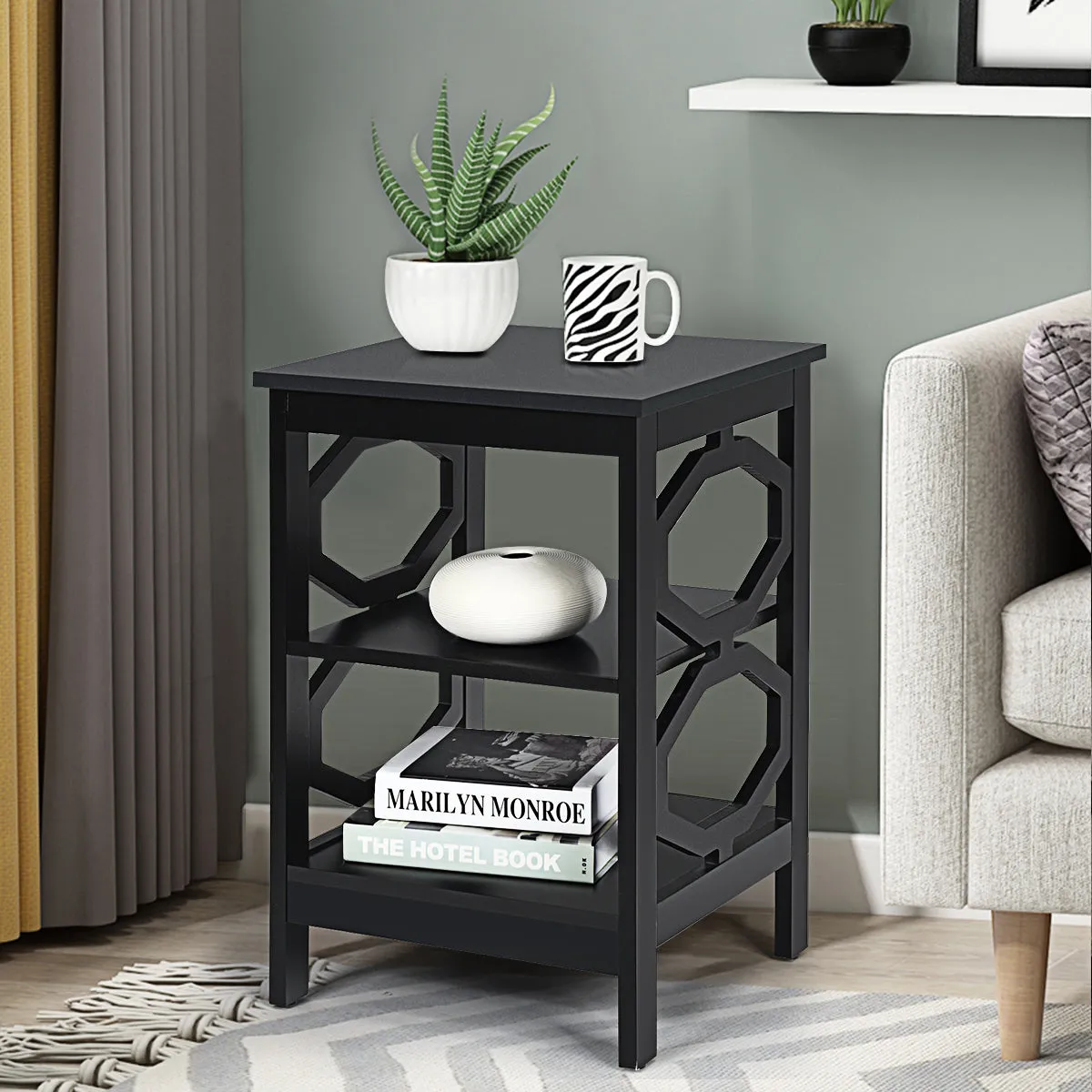 3-Tier Bedside Table with Storage Shelves for Living Room Bedroom-Black