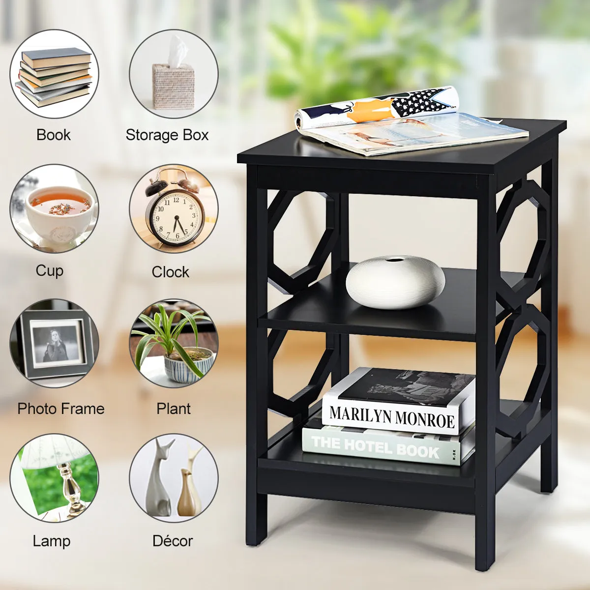 3-Tier Bedside Table with Storage Shelves for Living Room Bedroom-Black