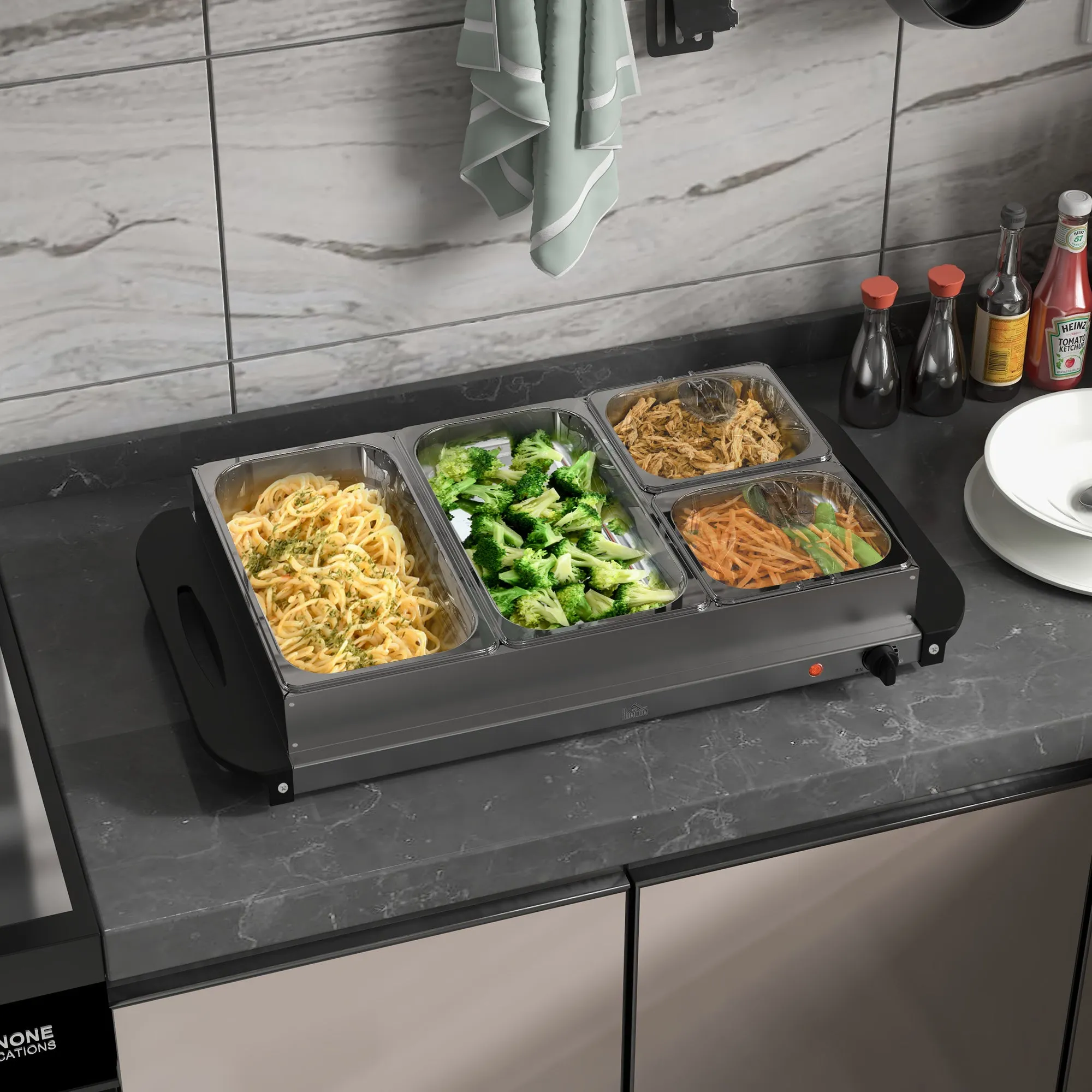 4 Tray Electric Food Warmer Buffet Server with Plate Warmer Function, Cool Touch Handles, Adjustable Temperature, 300W