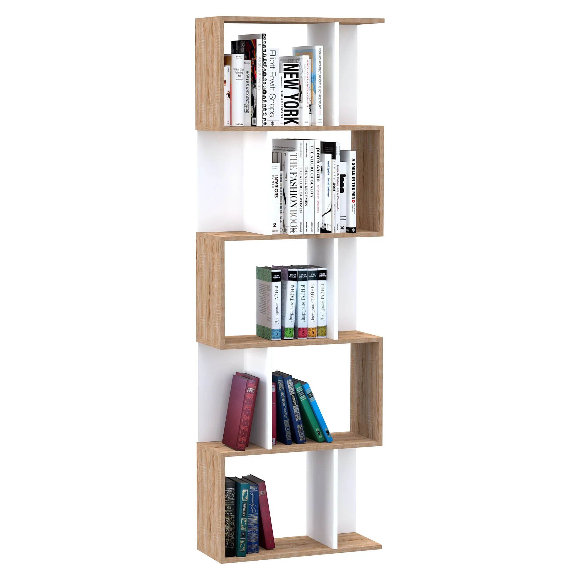 5-tier Bookcase Storage Display Shelving S Shape design Unit Divider White