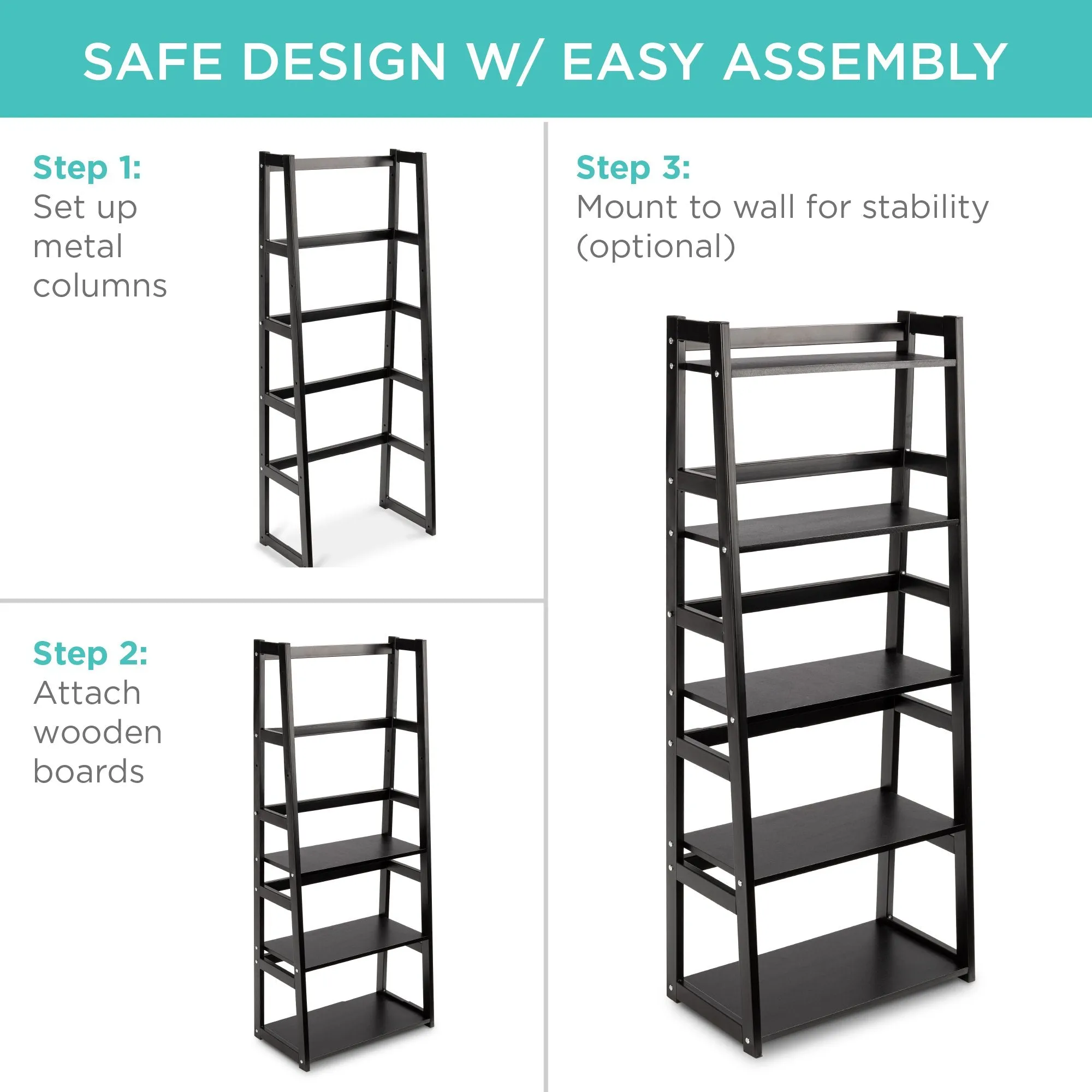 5-Tier Multipurpose Ladder Slant Bookcase Storage Shelf