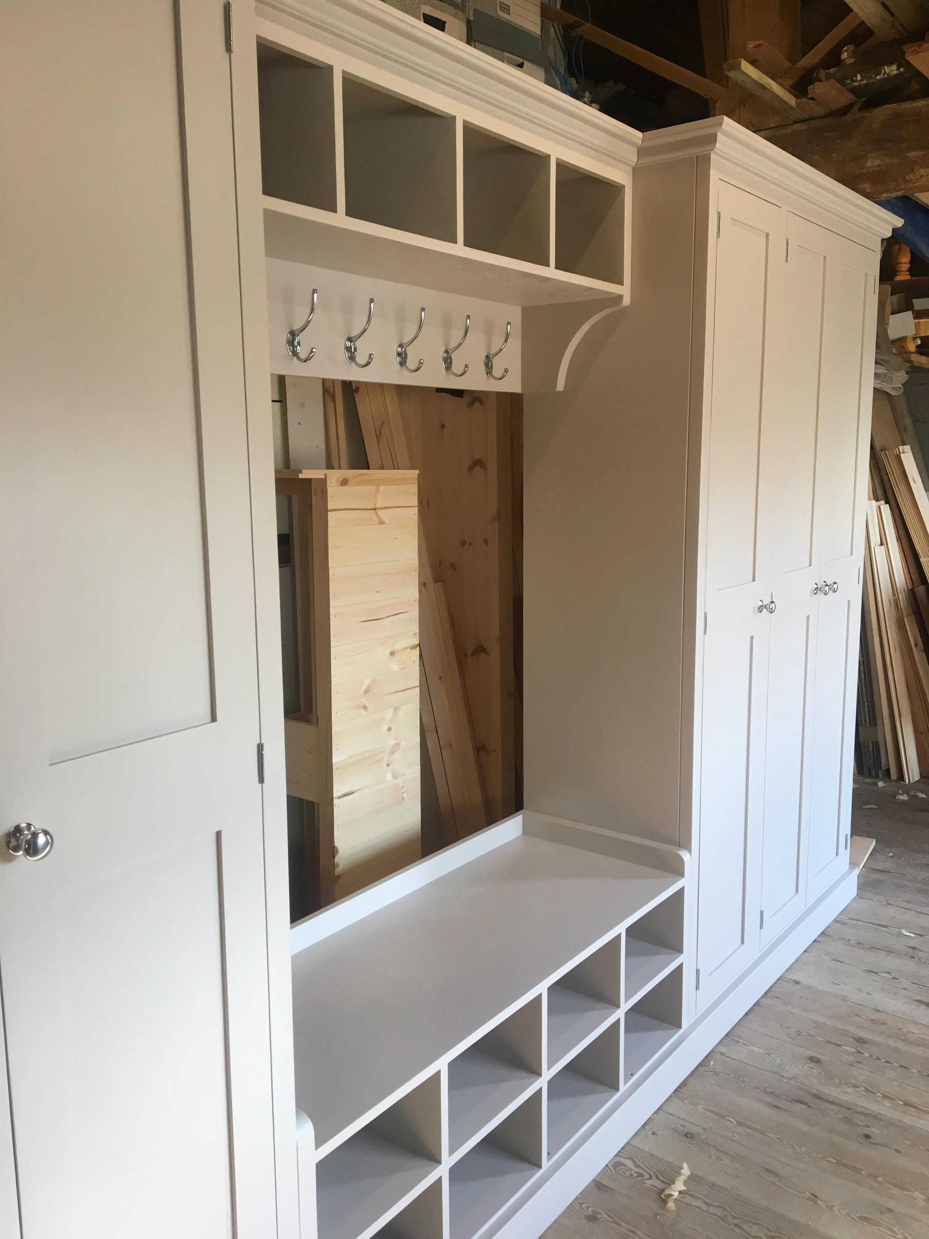 **6 Door COMBINATION Hall, Utility Room, Cloak Room Storage Cupboard with Bench and Coat Rack - 3.5 m wide