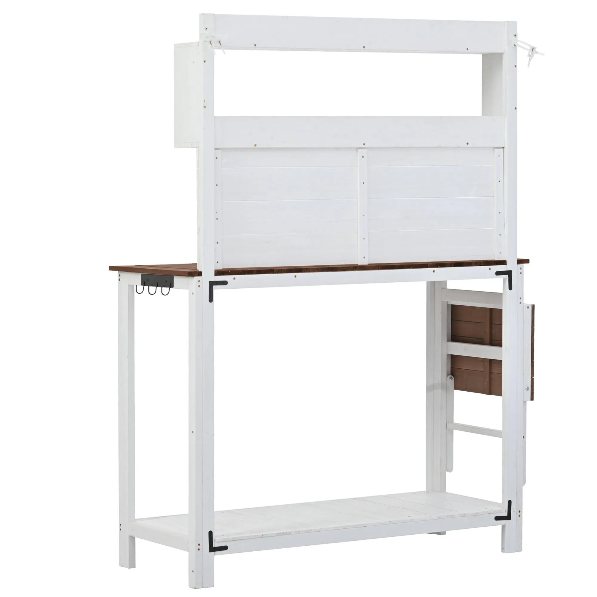 65inch Garden Wood Workstation Backyard Potting Bench Table with Shelves, Side Hook and Foldable Side Table,White