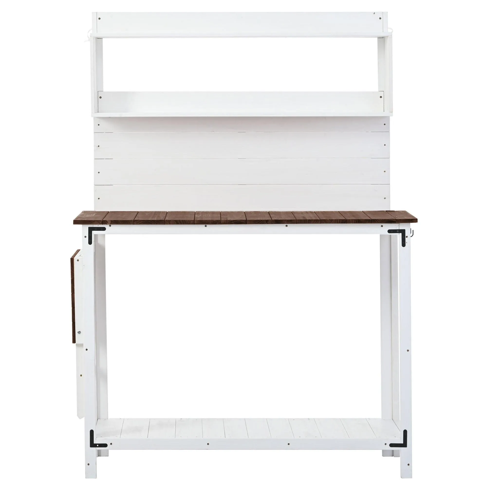 65inch Garden Wood Workstation Backyard Potting Bench Table with Shelves, Side Hook and Foldable Side Table,White