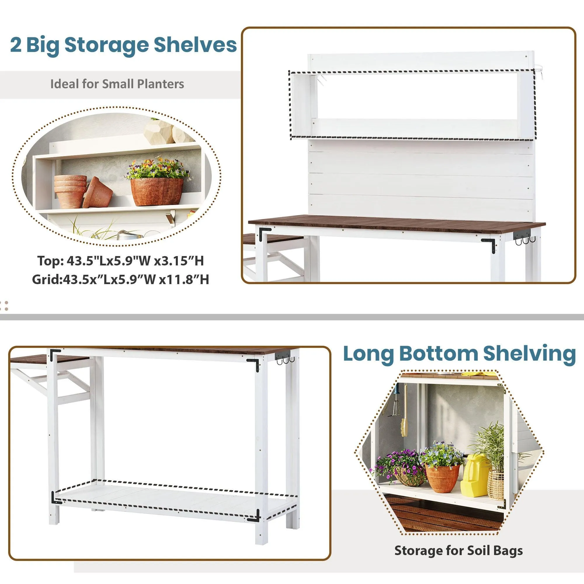 65inch Garden Wood Workstation Backyard Potting Bench Table with Shelves, Side Hook and Foldable Side Table,White