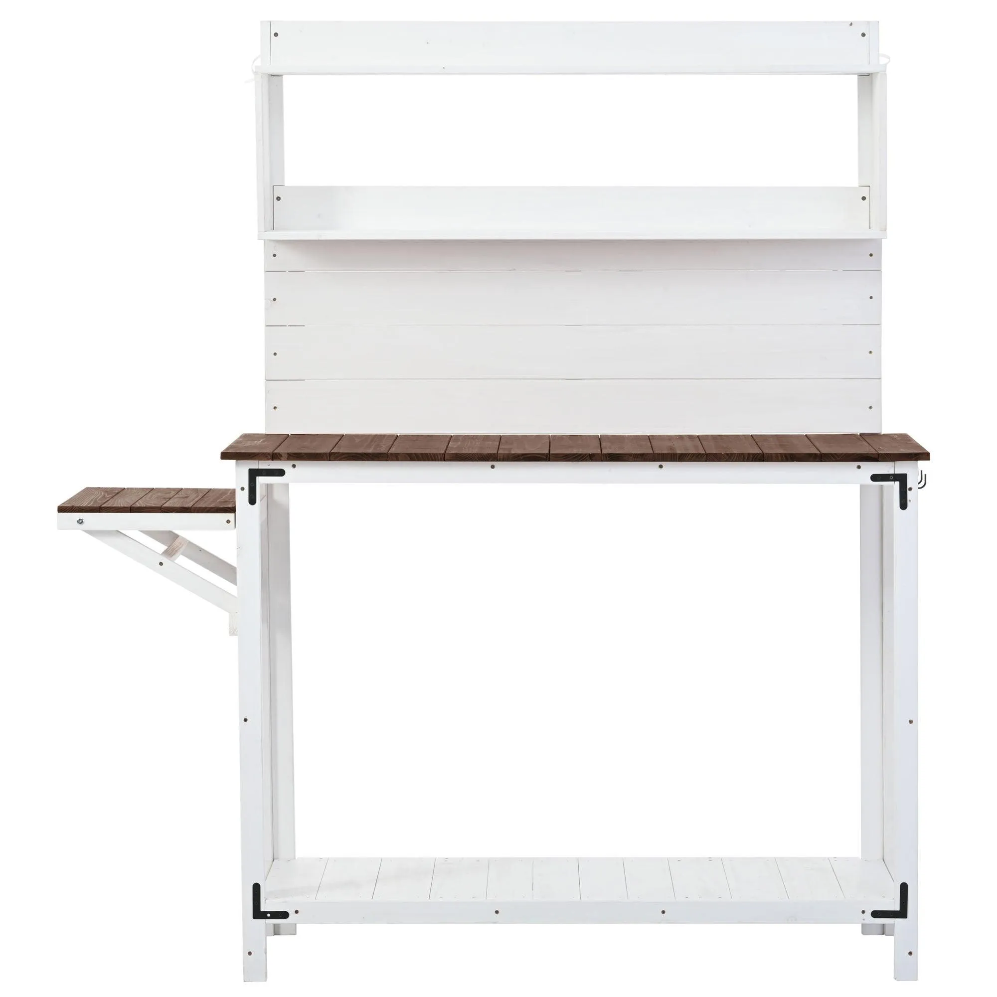 65inch Garden Wood Workstation Backyard Potting Bench Table with Shelves, Side Hook and Foldable Side Table,White