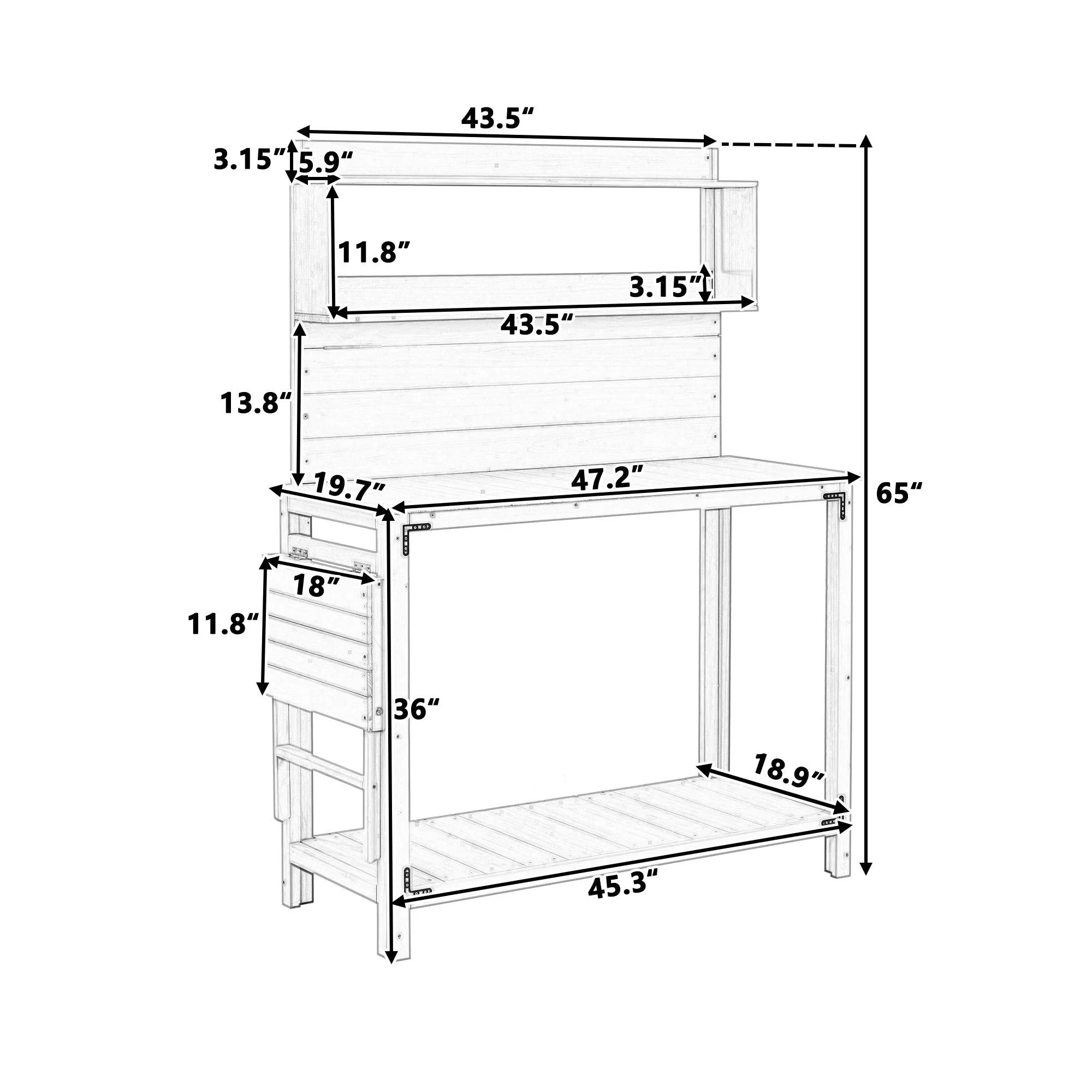 65inch Garden Wood Workstation Backyard Potting Bench Table with Shelves, Side Hook and Foldable Side Table,White