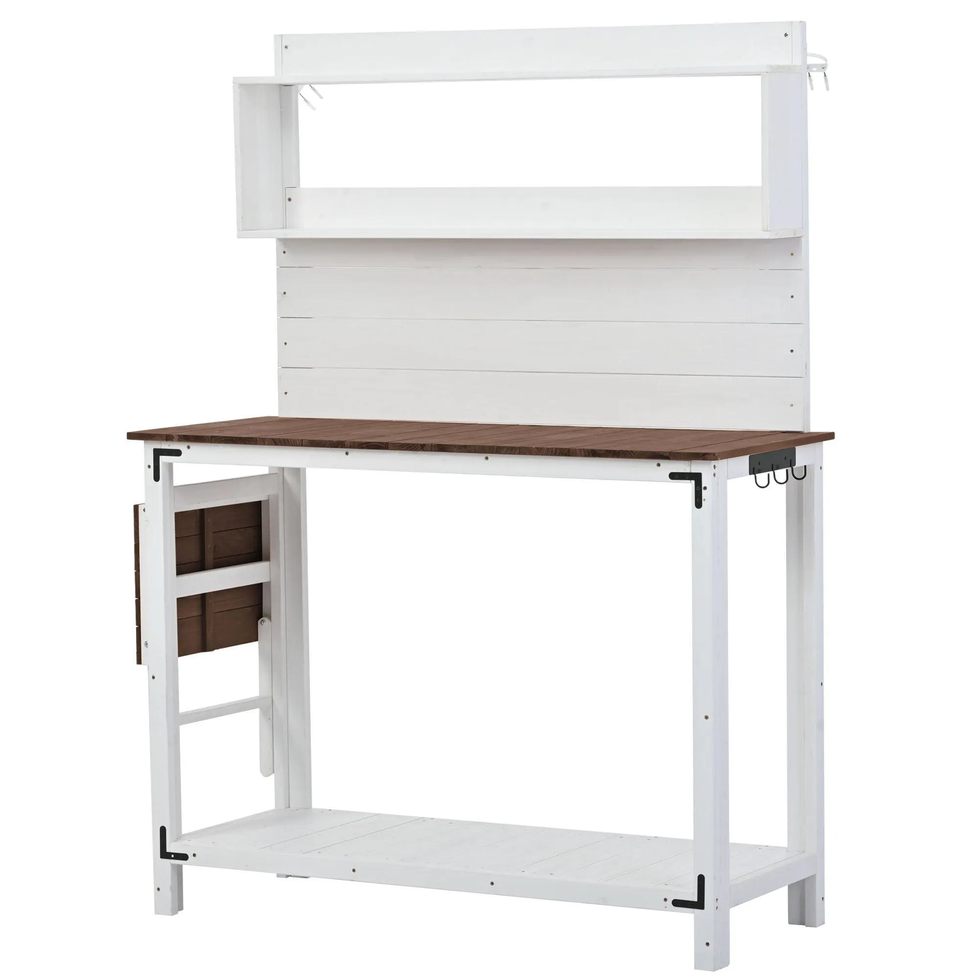 65inch Garden Wood Workstation Backyard Potting Bench Table with Shelves, Side Hook and Foldable Side Table,White