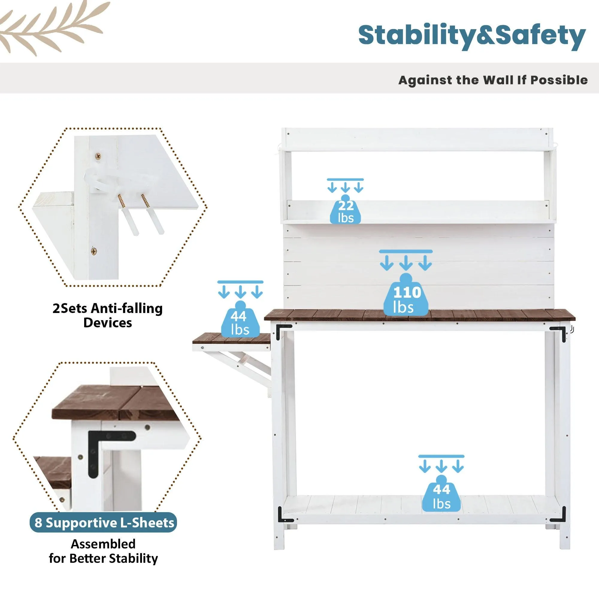 65inch Garden Wood Workstation Backyard Potting Bench Table with Shelves, Side Hook and Foldable Side Table,White