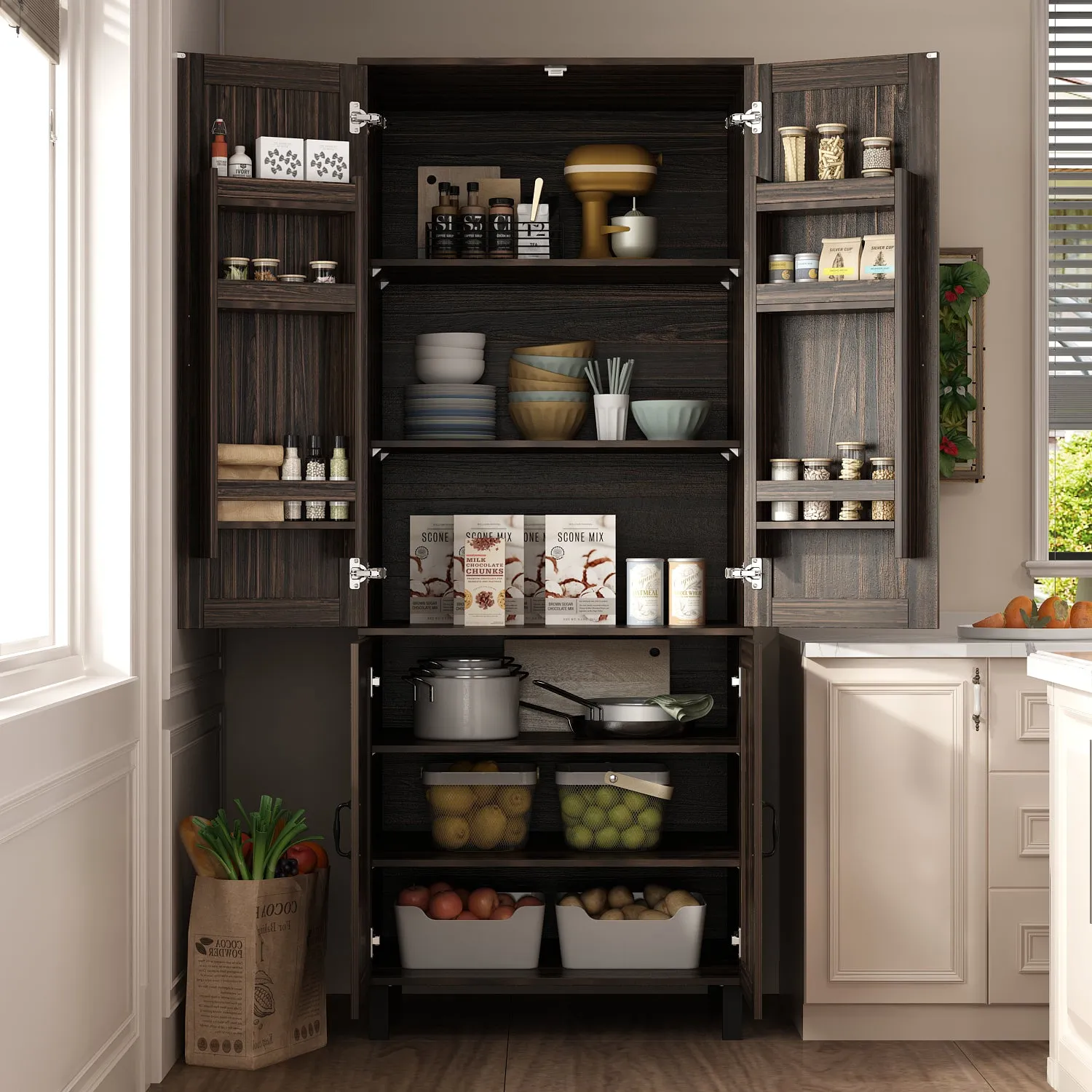 79" H Kitchen Pantry Cabinet with Shelves for Food Storage