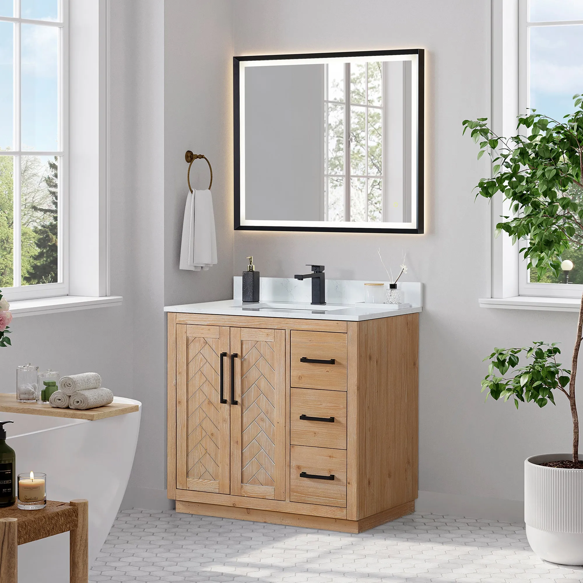 Anais 36" Single Bathroom Vanity in Light Brown with Engineered Stone Countertop