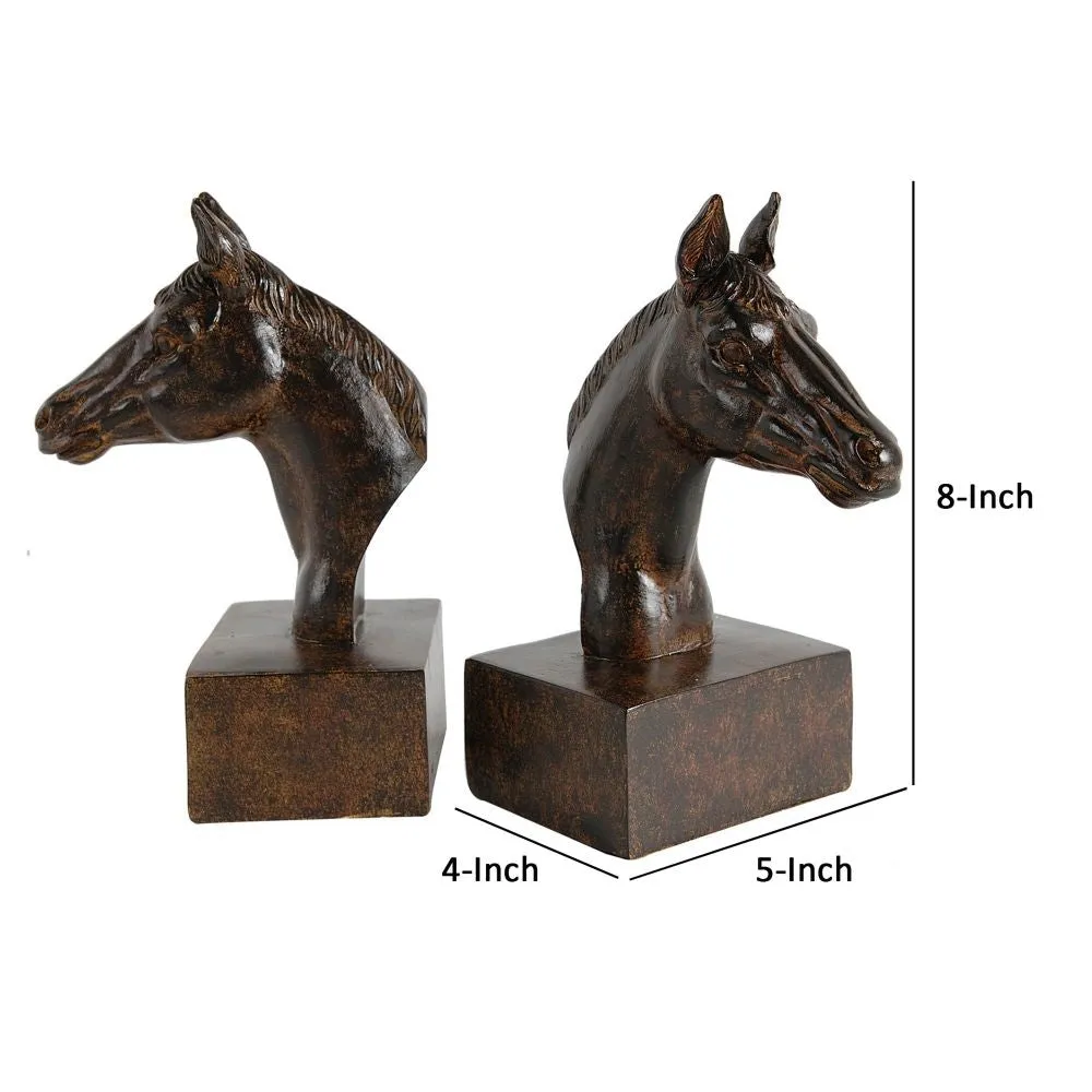 Ari Set of 2 Bookends, Elegant Realistic Horse Bust FIgurines, Dark Brown By Casagear Home