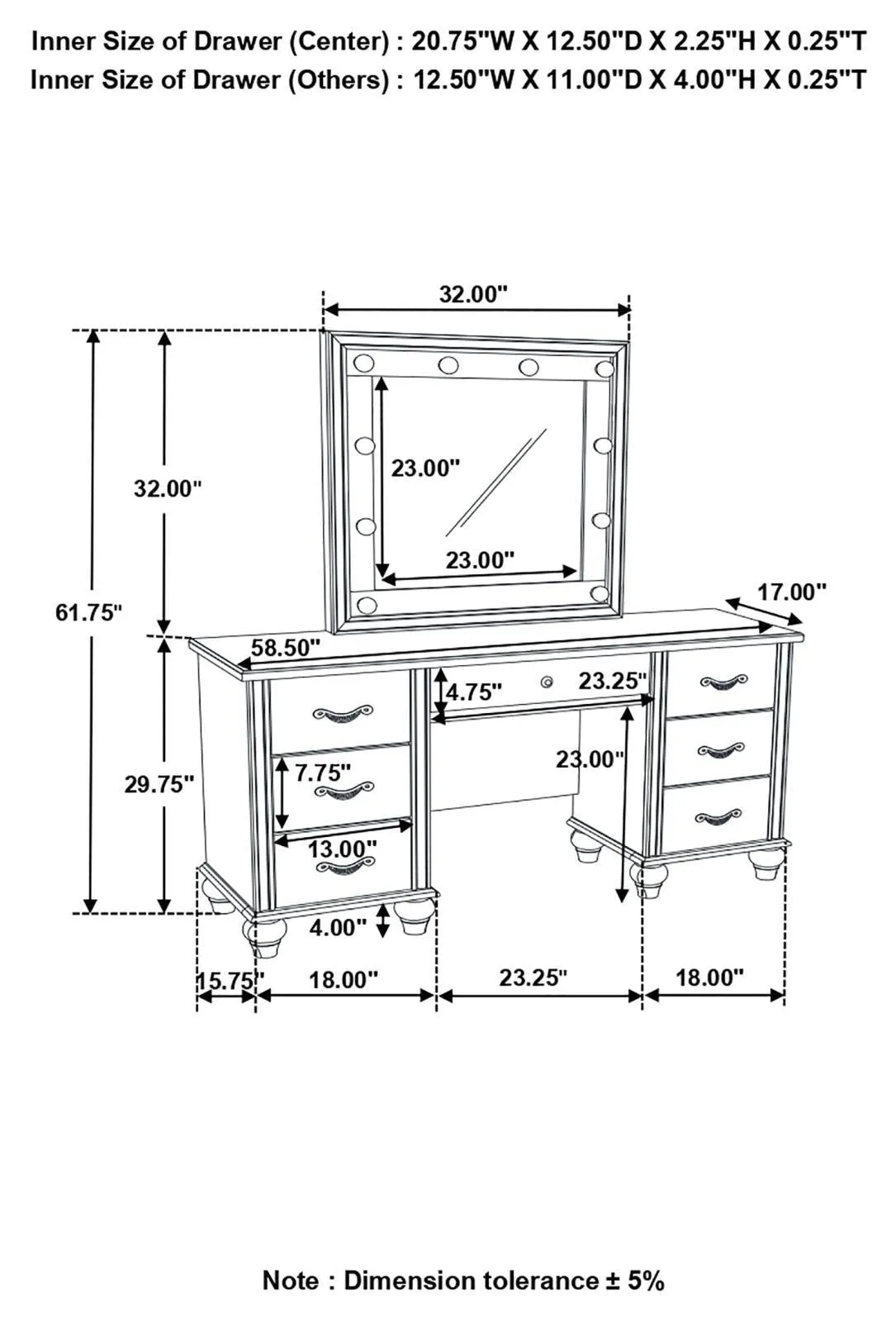 Barzini 7 Drawer Vanity Desk With Lighted Mirror White