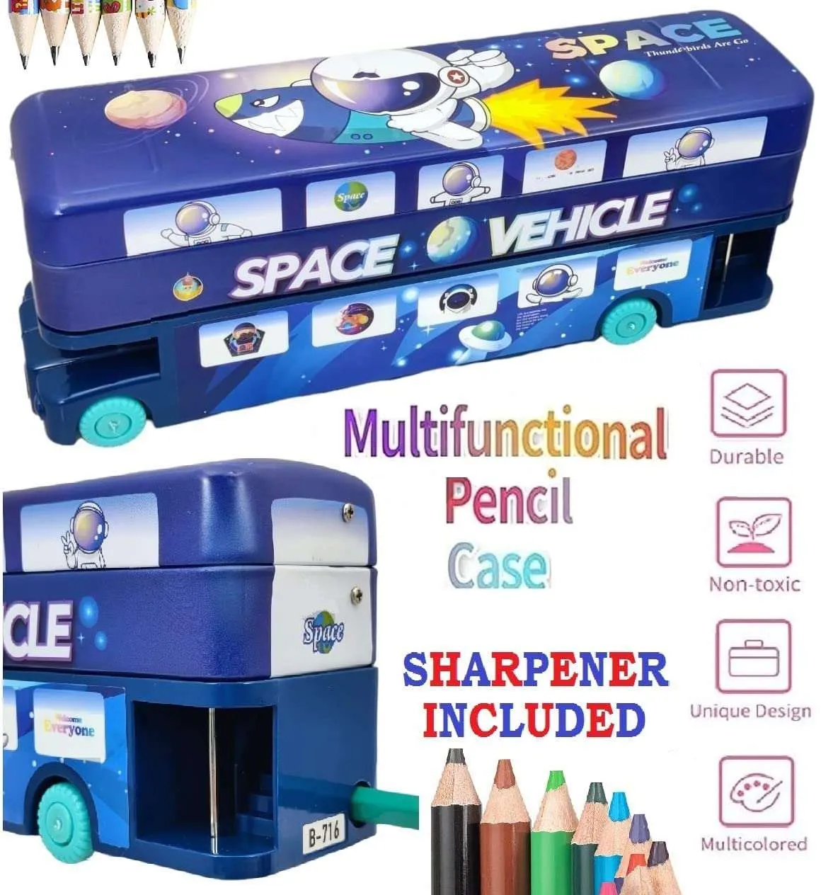 Bus Pencil Box for Kids with Moving Tyre's & Sharpener Geometry Case for Boys & Girls