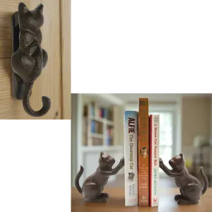 Cast Iron Cat Book Ends and Cast Iron Door Knocker - Gift Set