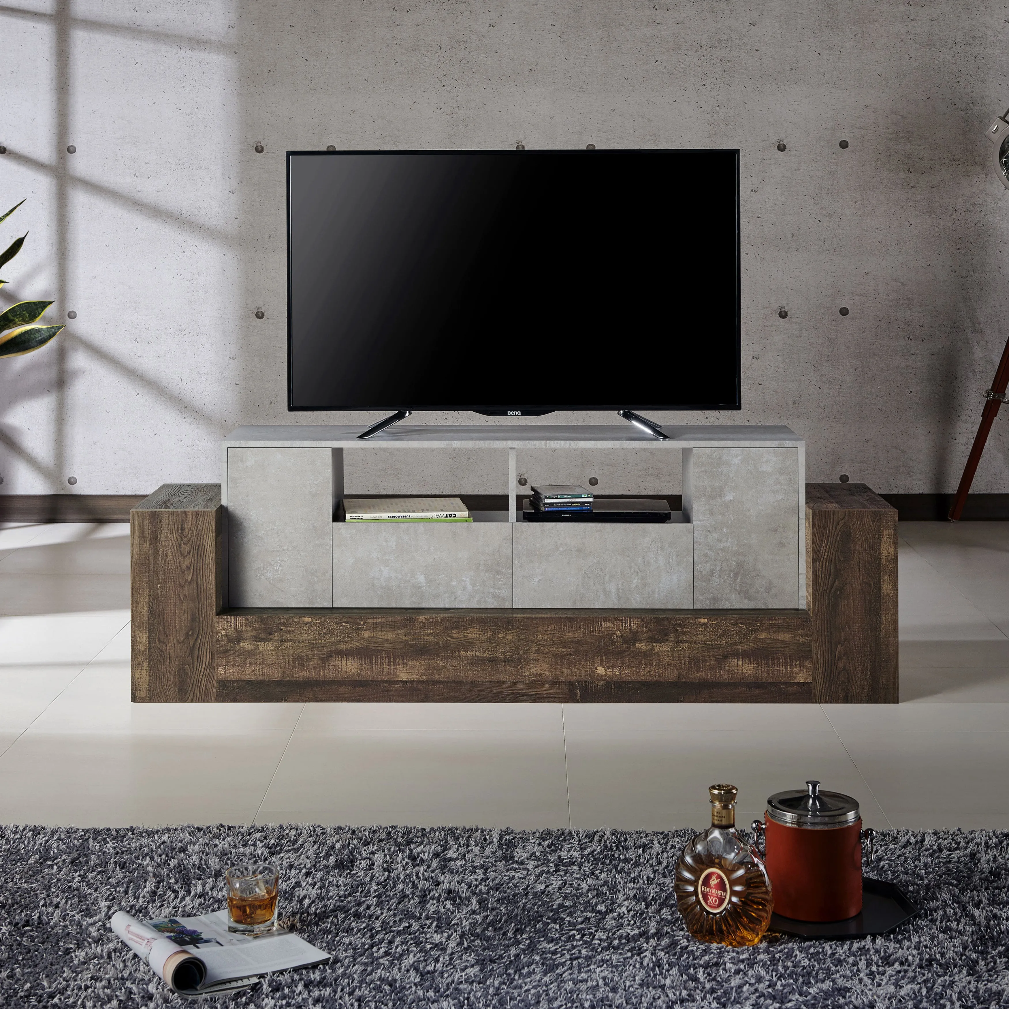 Cedar Hills Industrial 71" Cement and Reclaimed Oak 4-Shelf TV Stand