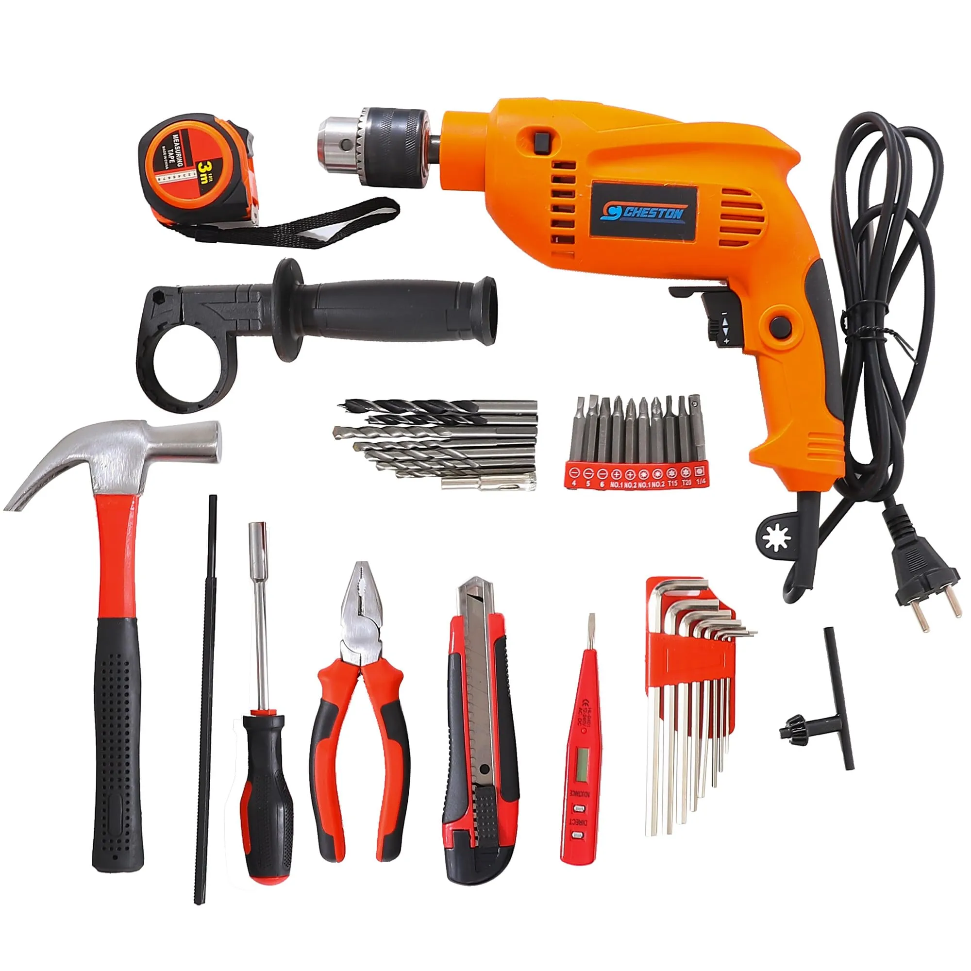 CHESTON Drill Kit (550W) | 13mm Drill Machine For Home Use |Tool Kit For Home Use | Drill Kit With Variable Speed Set Of - 36 Drill Bits, Hammer, Electric Pen, Measuring Tape, Box Cutter