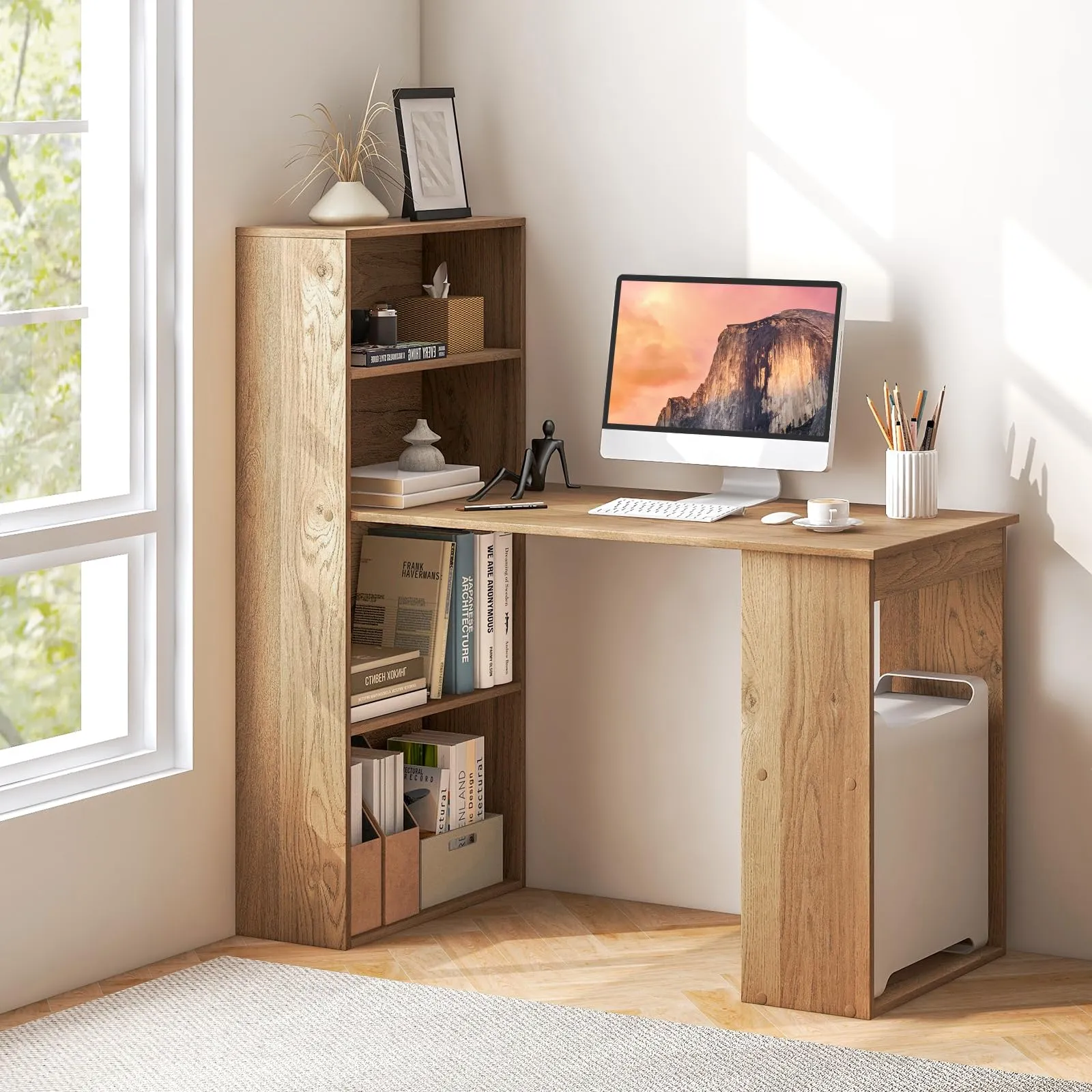 Computer Desk with Bookcase, Writing Study Desk with Storage Shelves & CPU Stand