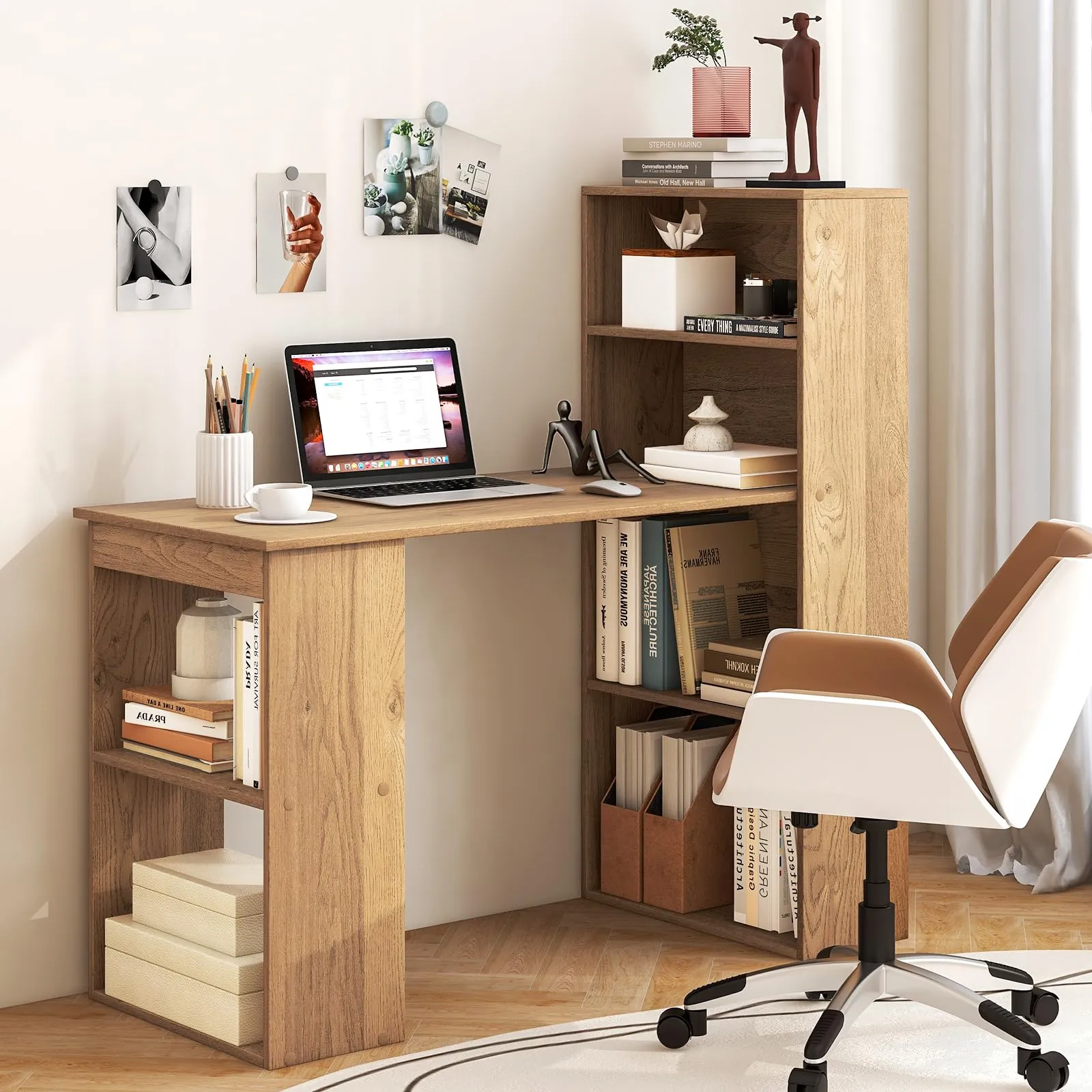 Computer Desk with Bookcase, Writing Study Desk with Storage Shelves & CPU Stand