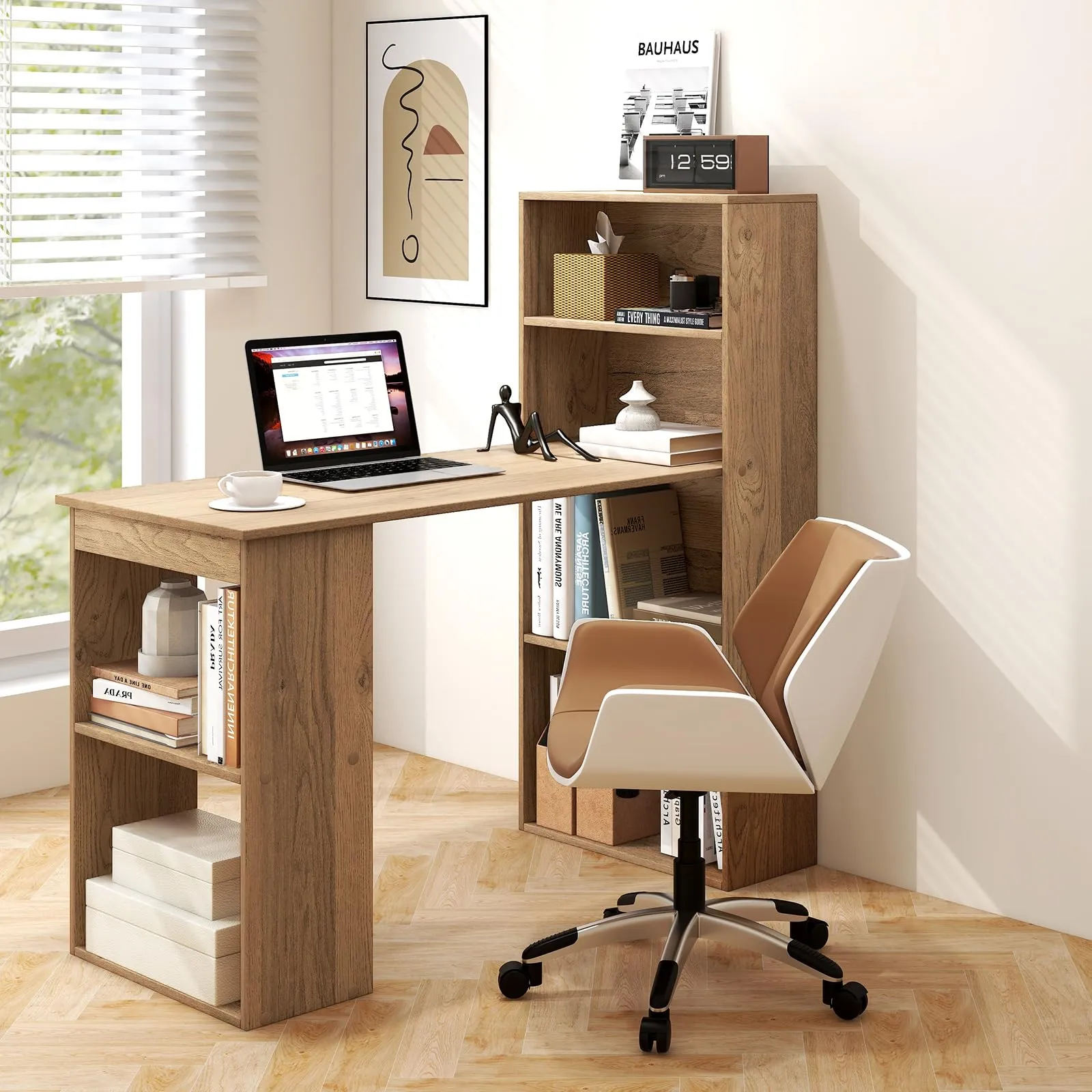 Computer Desk with Bookcase, Writing Study Desk with Storage Shelves & CPU Stand