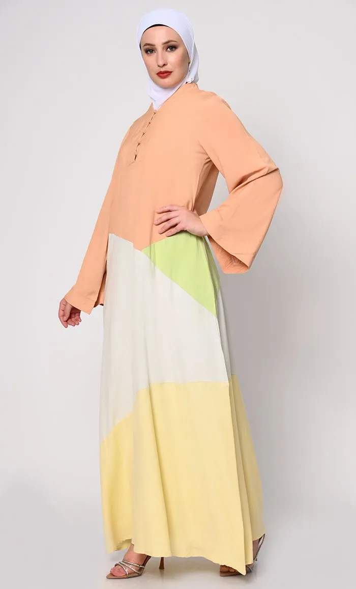 Contemporary Elegance: Abaya with Pastel Color-Blocking Panels and Practical Pockets