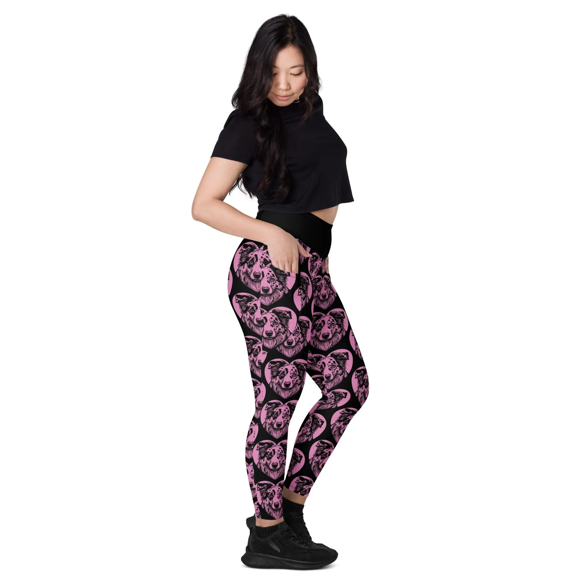 DOG BREED LEGGINGS with pockets - AUSTRALIAN SHEPHERD - HERTTAHOUND - pink