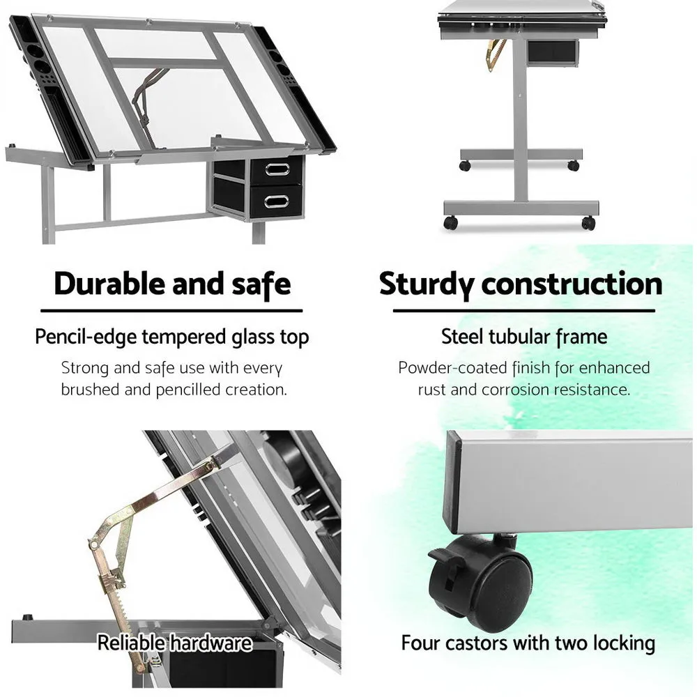 Drawing Desk Drafting Table Craft Adjustable Glass Art Tilt Drawers Grey