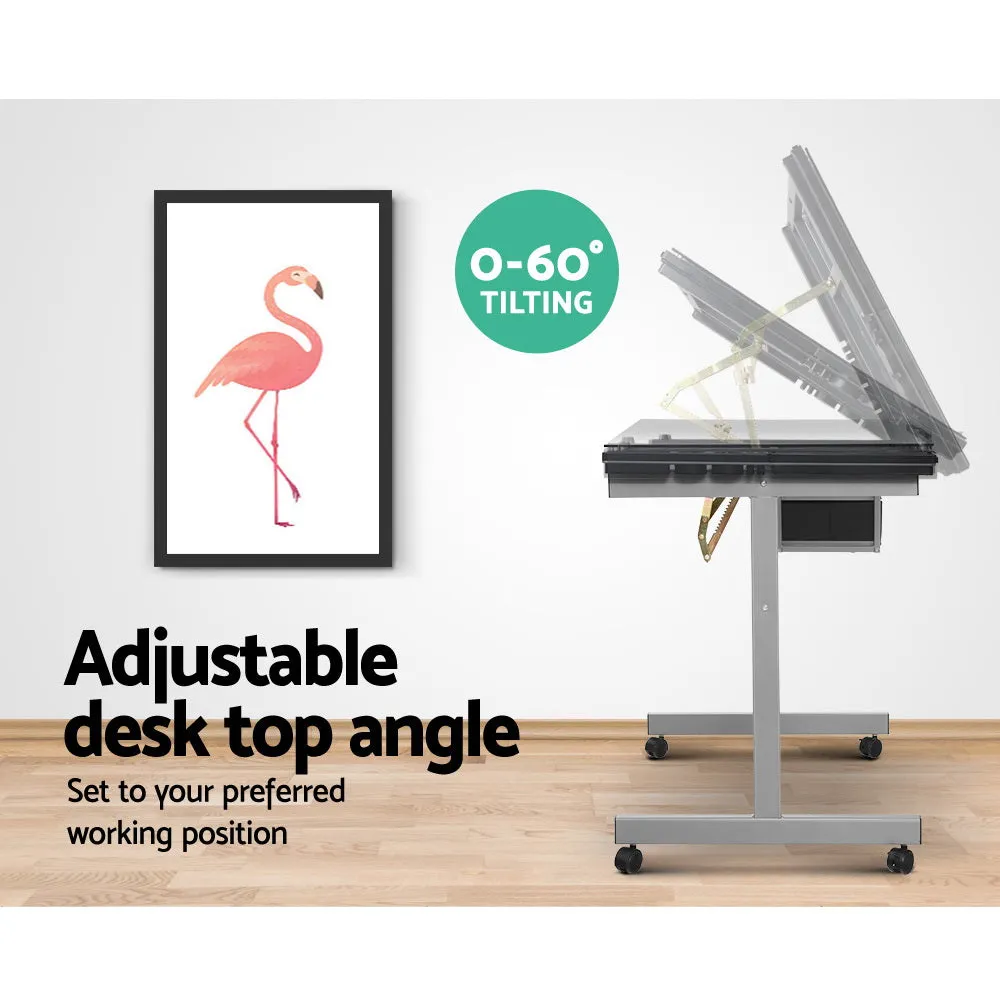 Drawing Desk Drafting Table Craft Adjustable Glass Art Tilt Drawers Grey