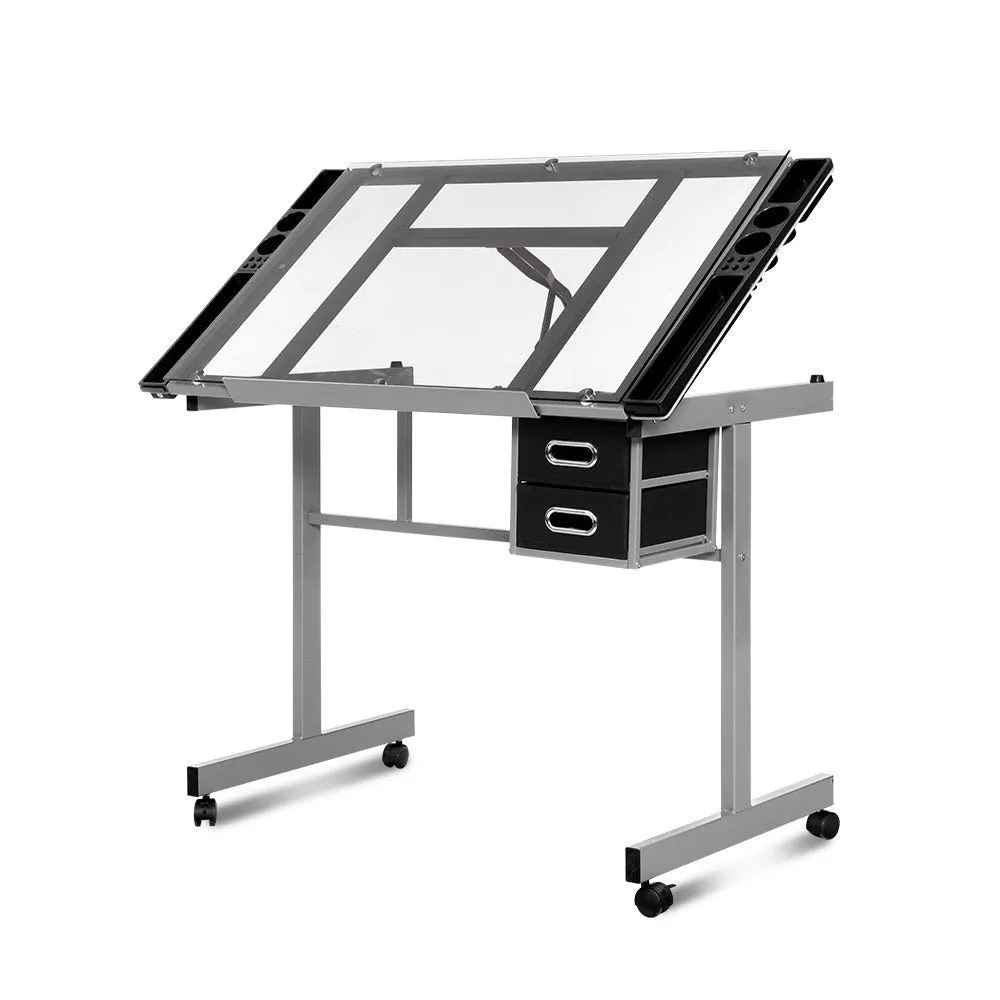 Drawing Desk Drafting Table Craft Adjustable Glass Art Tilt Drawers Grey