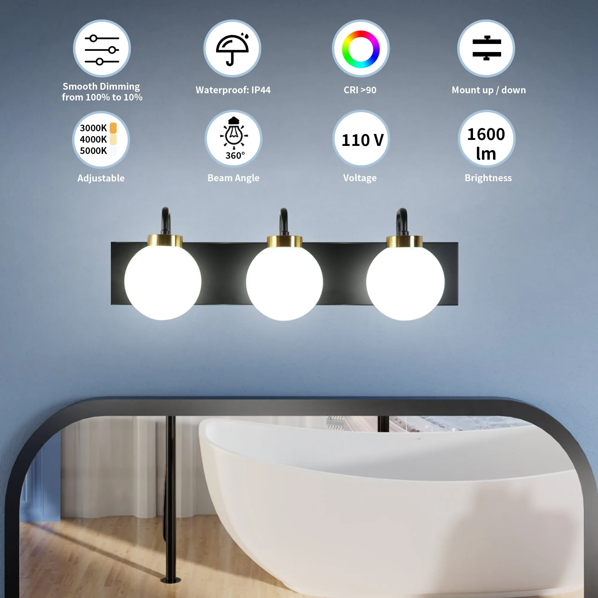 ExBrite 24" 3-Light LED Vanity Light with Dimmable Switch & Tri-Color Temperature