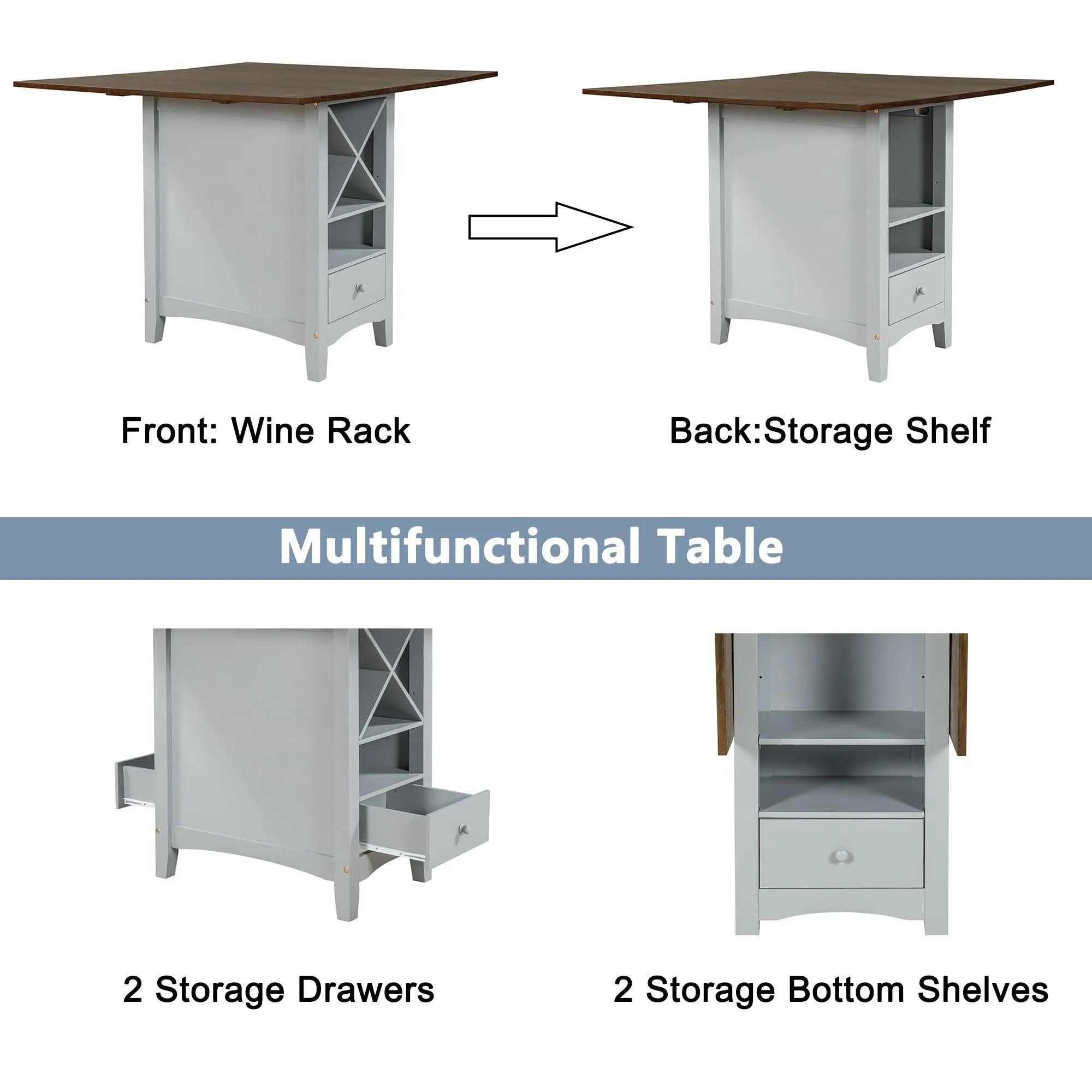 Farmhouse 5-Piece Counter Height Dining Set, Cherry & Gray, with Drop Leaf