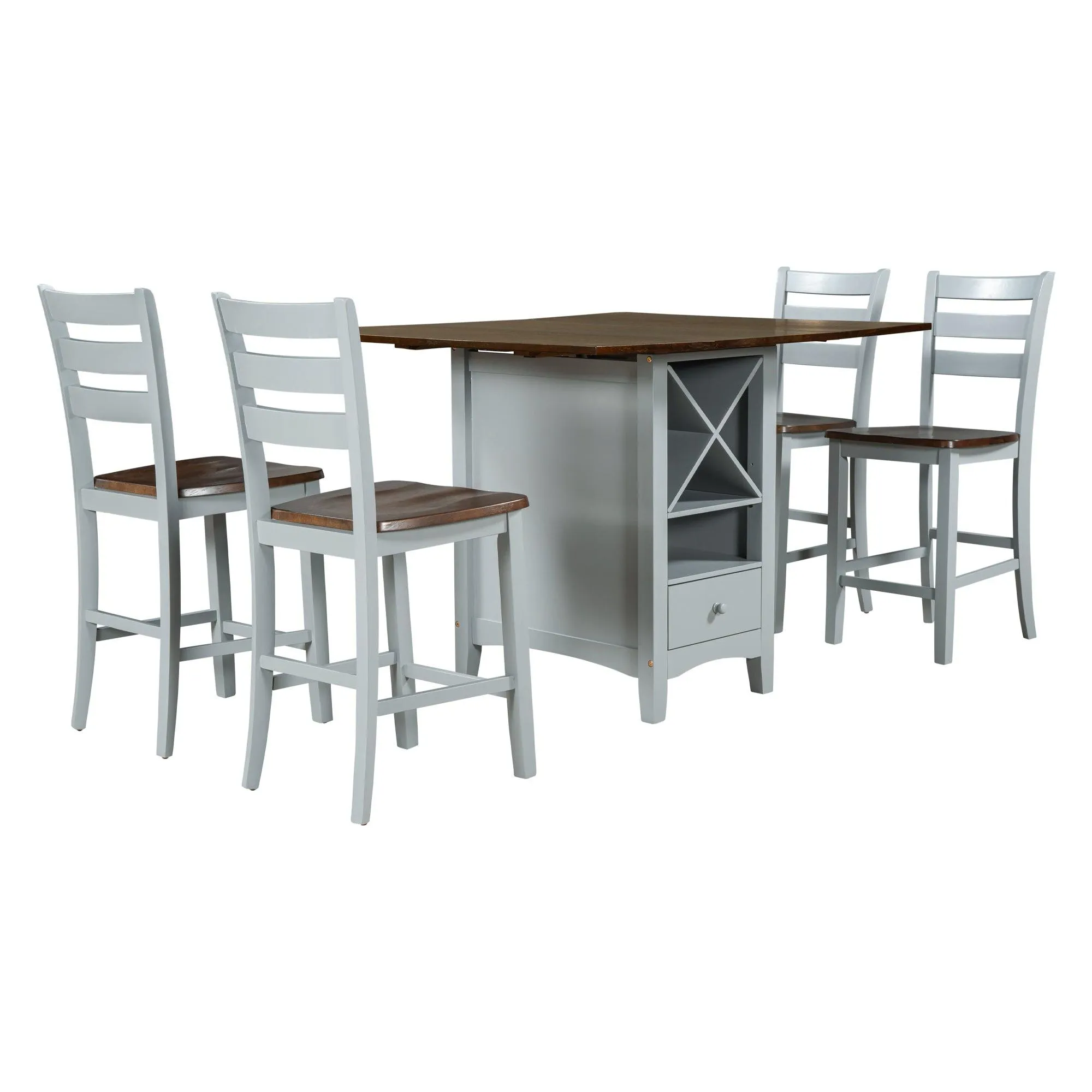 Farmhouse 5-Piece Counter Height Dining Set, Cherry & Gray, with Drop Leaf