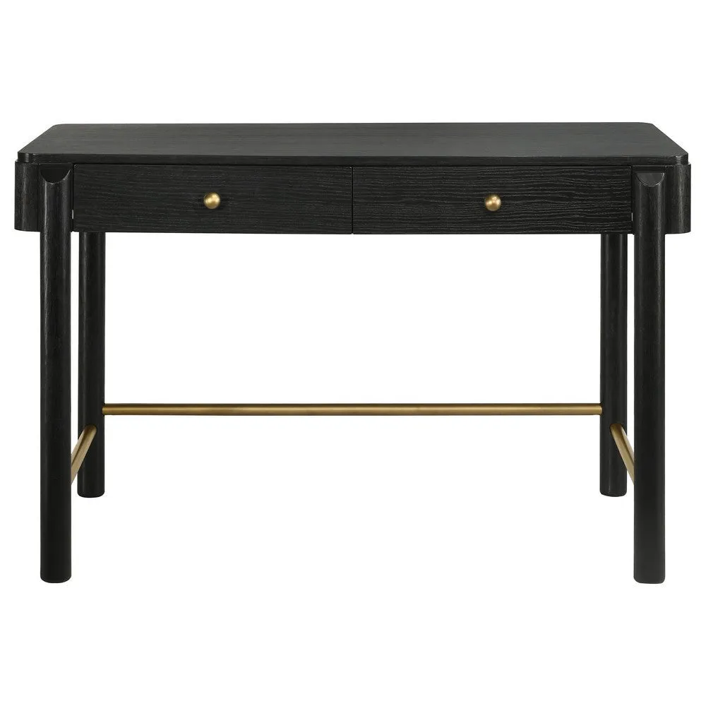 Fij Vanity Desk, 48 Inch Rectangular, 2 Drawers, Metal Knobs, Black, Gold By Casagear Home