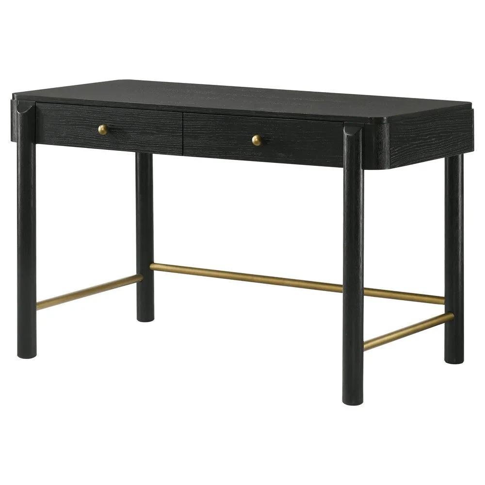 Fij Vanity Desk, 48 Inch Rectangular, 2 Drawers, Metal Knobs, Black, Gold By Casagear Home