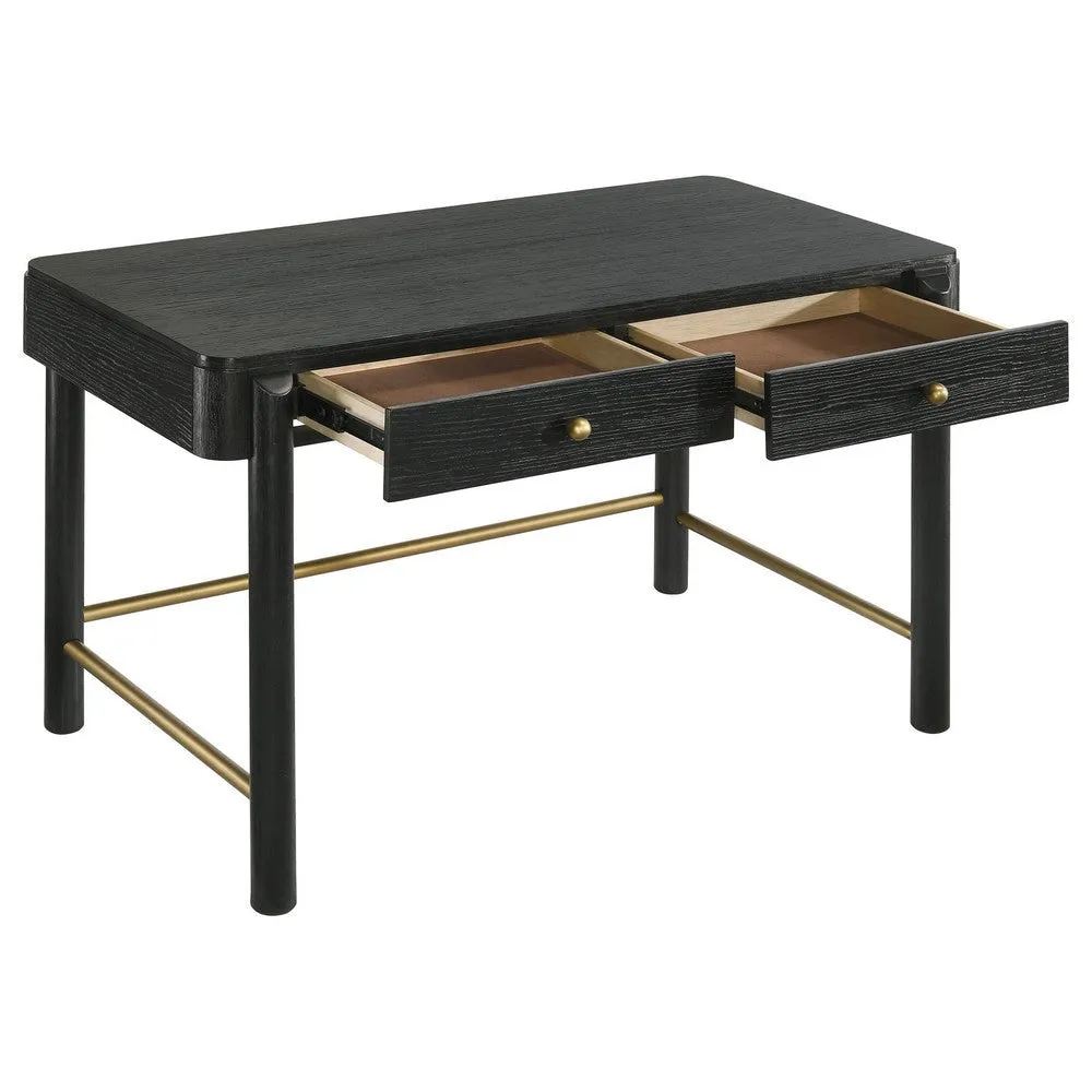 Fij Vanity Desk, 48 Inch Rectangular, 2 Drawers, Metal Knobs, Black, Gold By Casagear Home