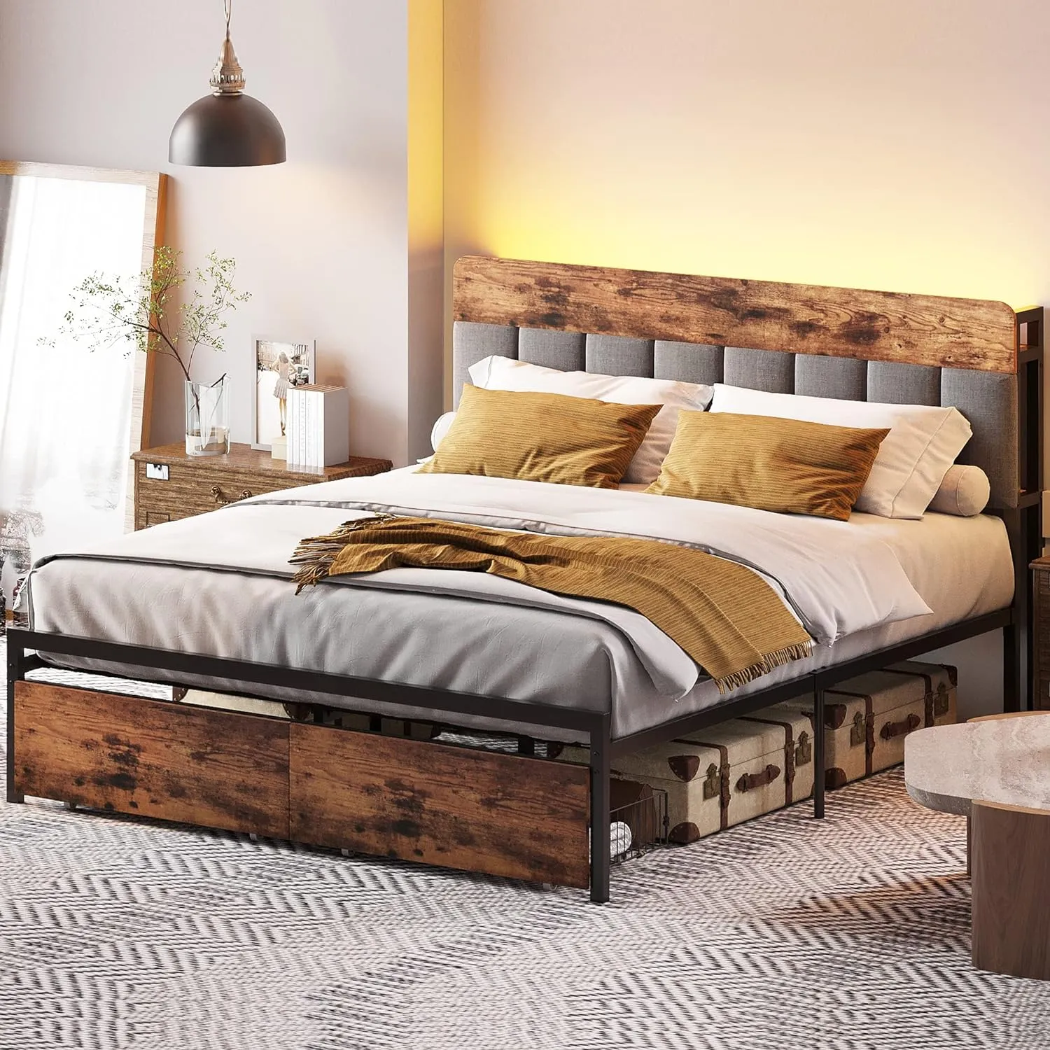 Full Bed Frame with Storage Headboard, Drawers, LED Light, Charging Station