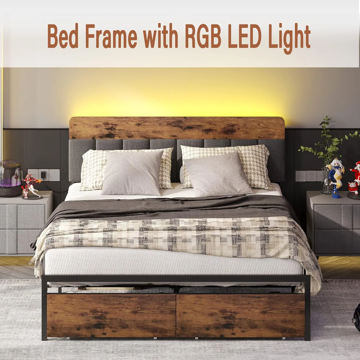 Full Bed Frame with Storage Headboard, Drawers, LED Light, Charging Station