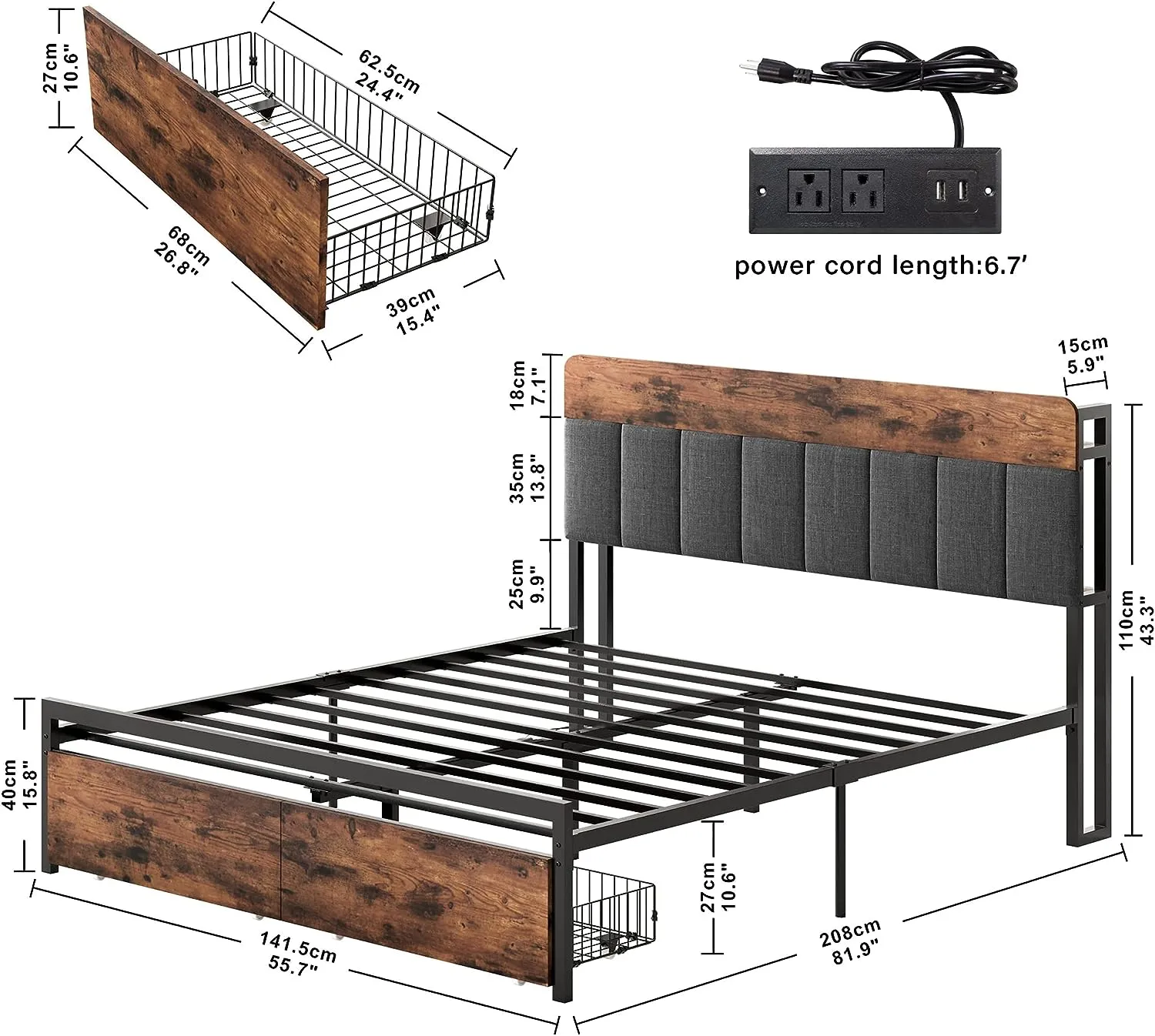 Full Bed Frame with Storage Headboard, Drawers, LED Light, Charging Station