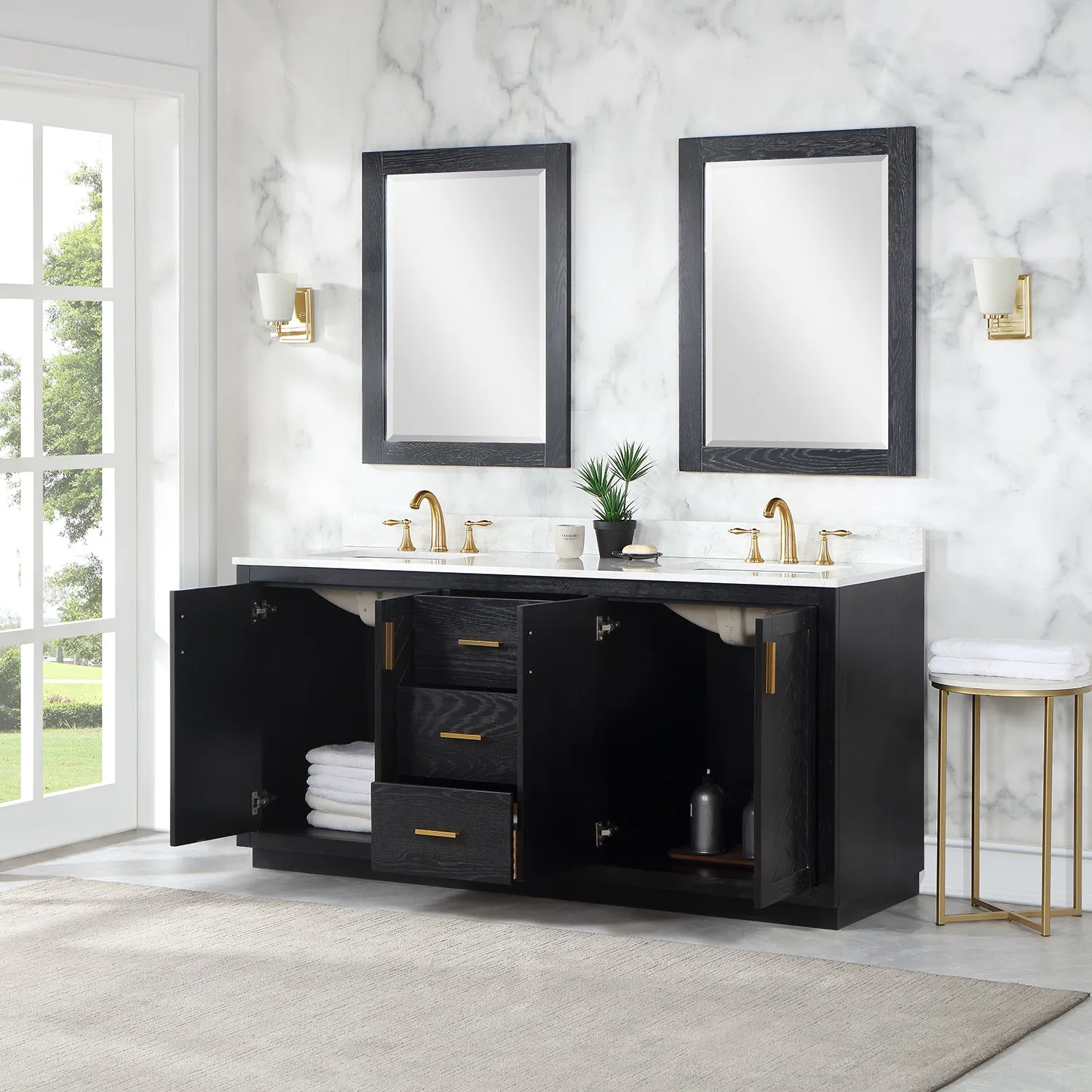 Gazsi 72" Double Bathroom Vanity Set with Grain White Composite Stone Countertop