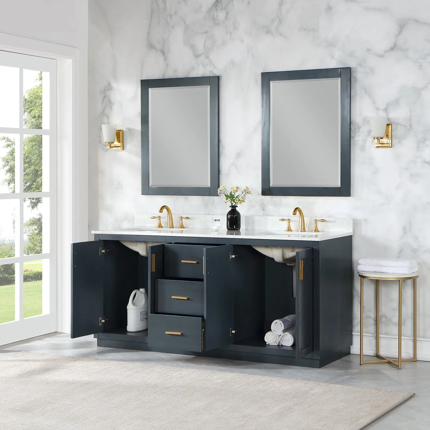 Gazsi 72" Double Bathroom Vanity Set with Grain White Composite Stone Countertop