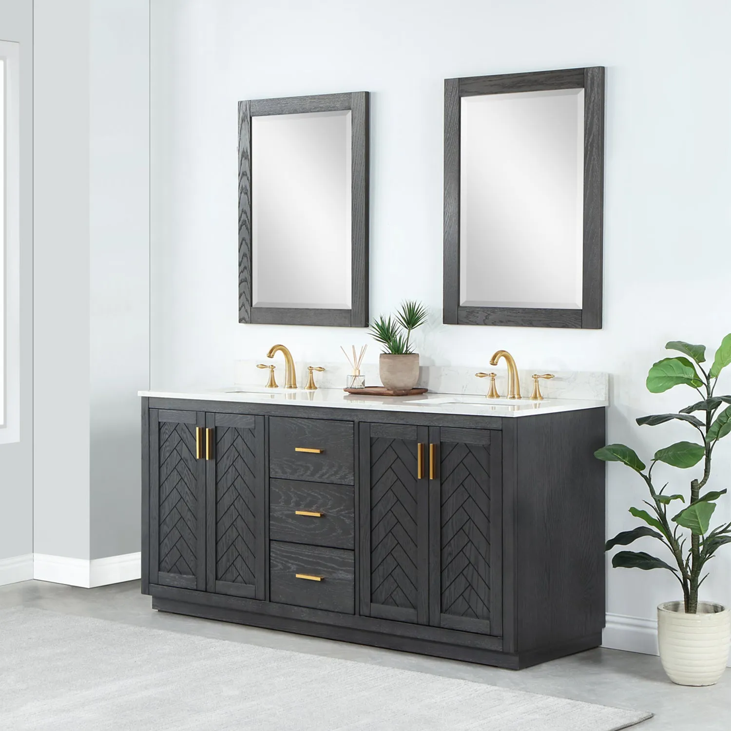 Gazsi 72" Double Bathroom Vanity Set with Grain White Composite Stone Countertop