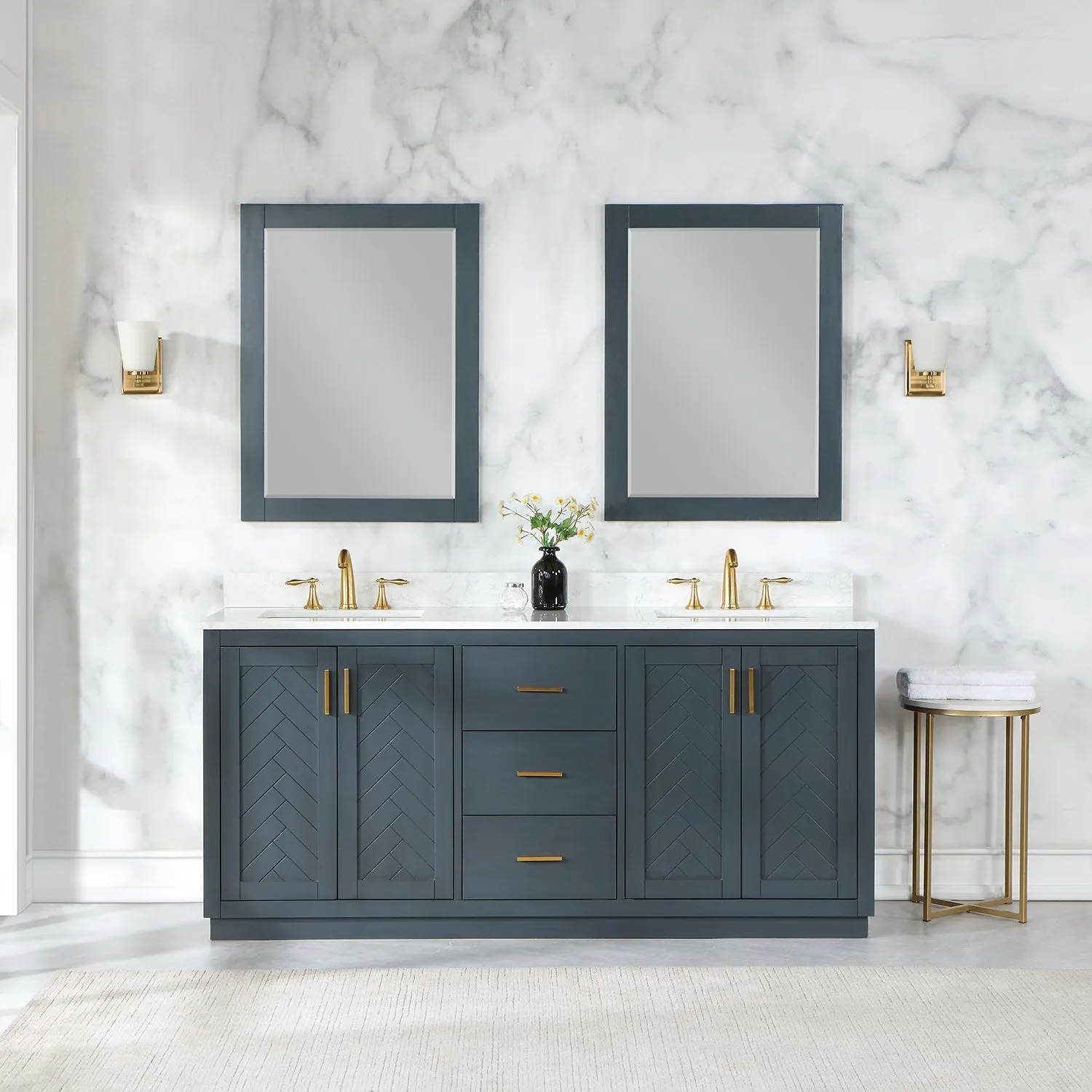 Gazsi 72" Double Bathroom Vanity Set with Grain White Composite Stone Countertop