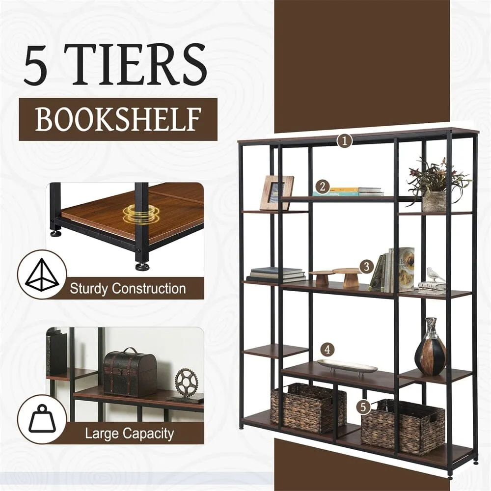 Giving Tree Bookcase and Bookshelf, Home Office 5 Tier Bookshelf, Open Freestanding Storage Shelf with Metal Frame, Brown