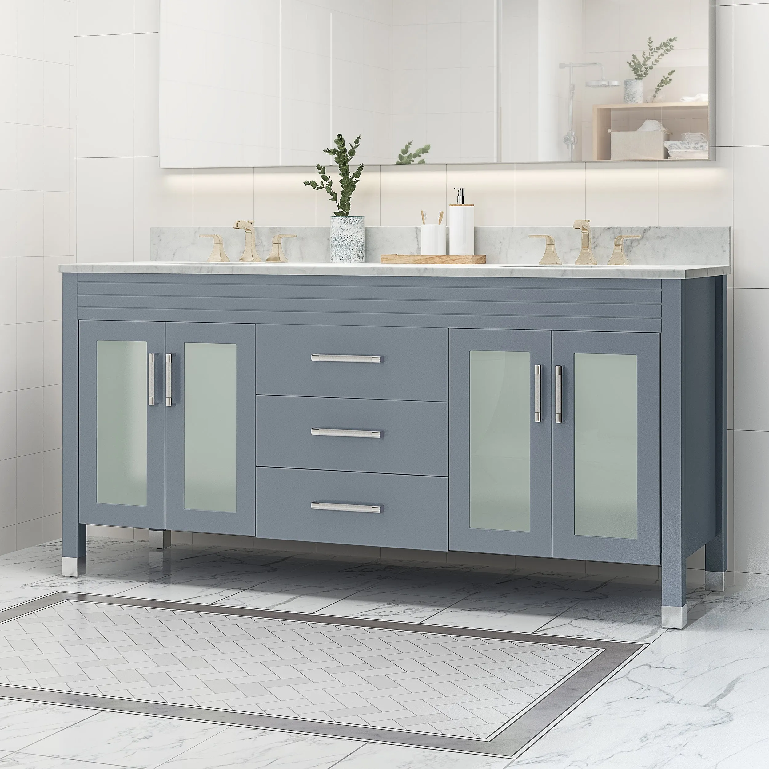 Holdame Contemporary 72" Wood Double Sink Bathroom Vanity with Marble Counter Top with Carrara White Marble