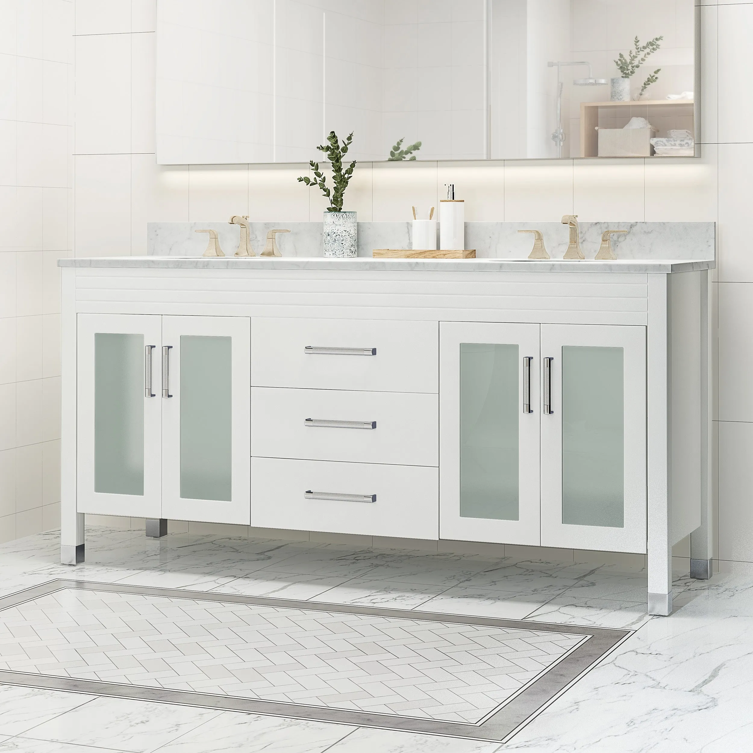 Holdame Contemporary 72" Wood Double Sink Bathroom Vanity with Marble Counter Top with Carrara White Marble