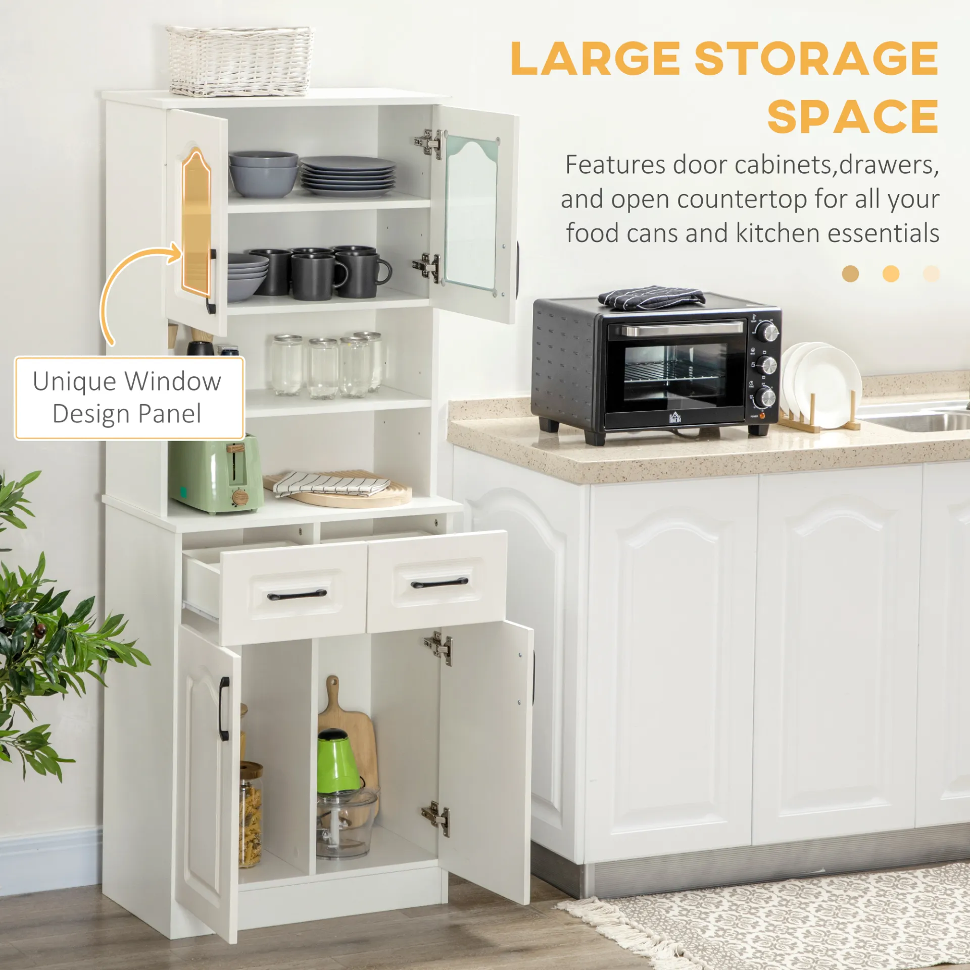 HOMCOM White Kitchen Cupboard – Freestanding Storage Cabinet with Adjustable Shelves, Drawers & Open Counter | Perfect for Living & Dining Rooms | 168cm